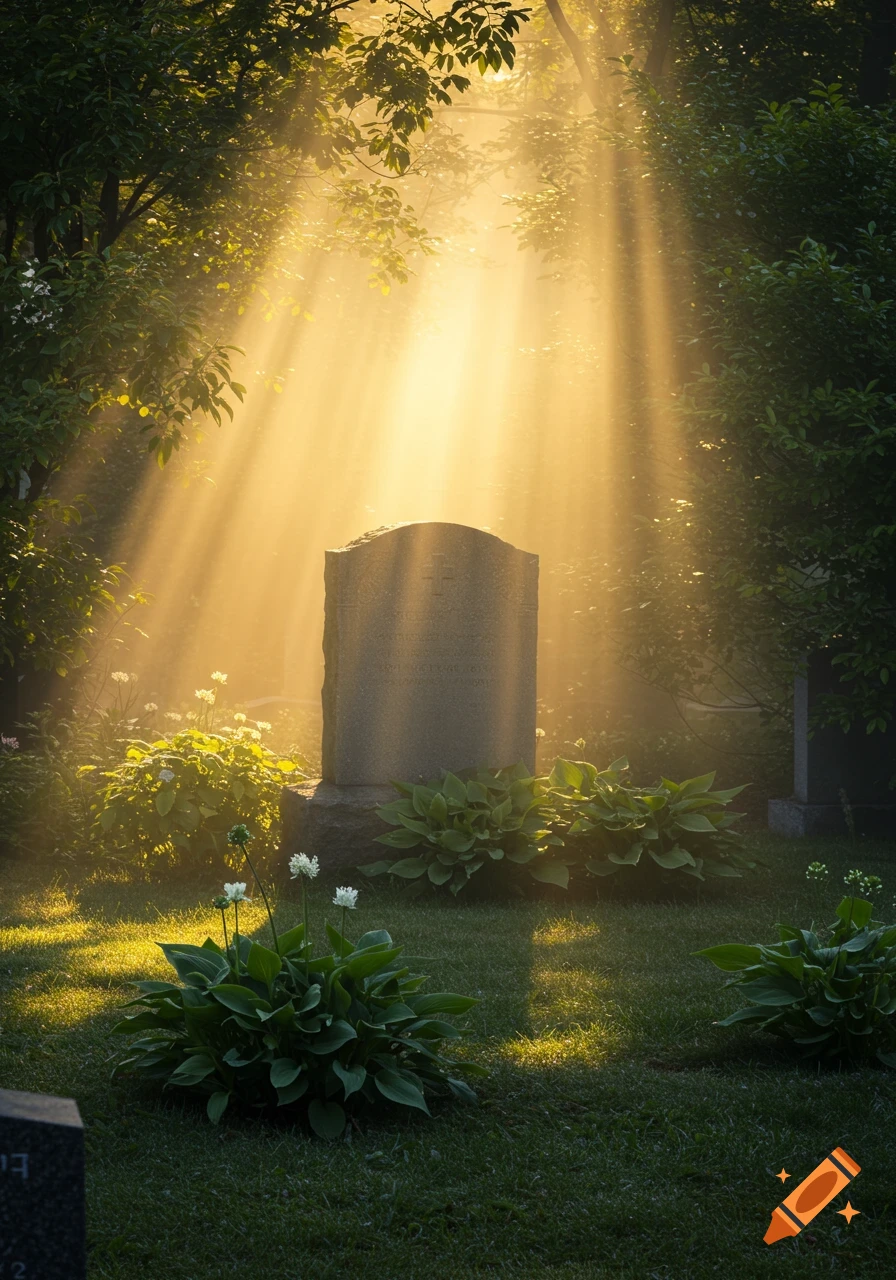 Sunbeams illuminate a weathered tombstone in a lush, green graveyard.