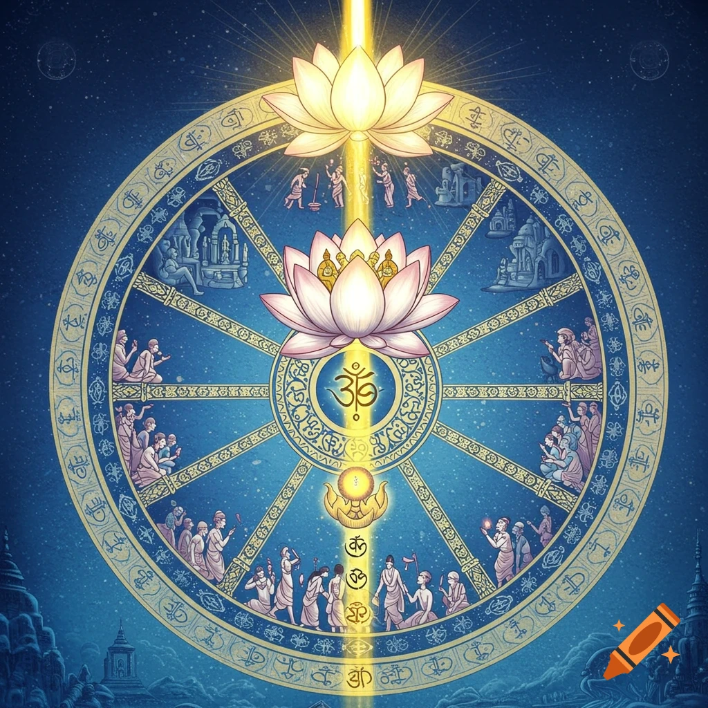 Symbolic illustration of the Hindu Wheel of Reincarnation with lotus flowers, Om symbol, and golden light on a starry blue background.