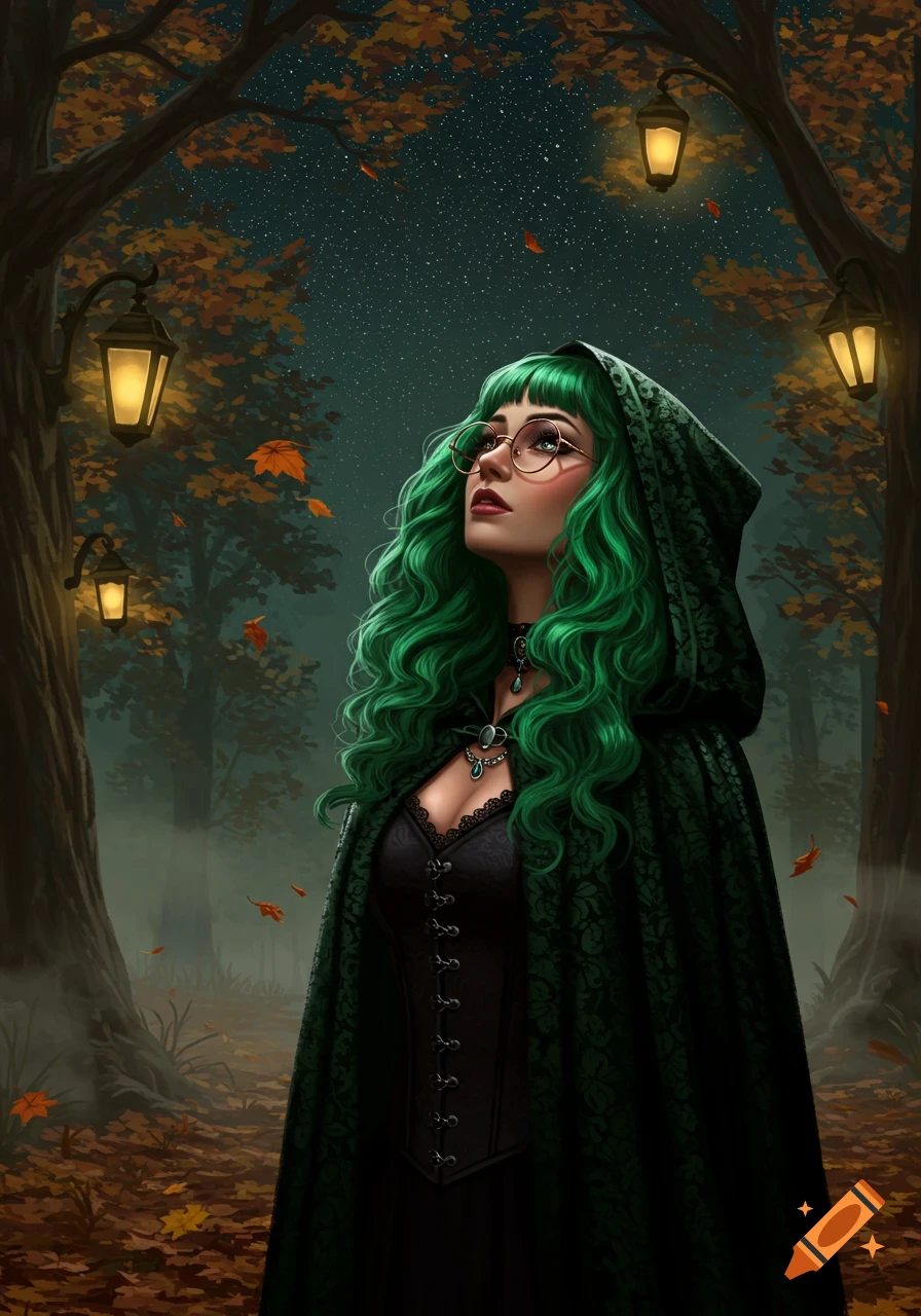 A gothic woman with vibrant green curly hair and glasses in a dark green hooded cloak looks up at a starry autumn night in a forest with lanterns.