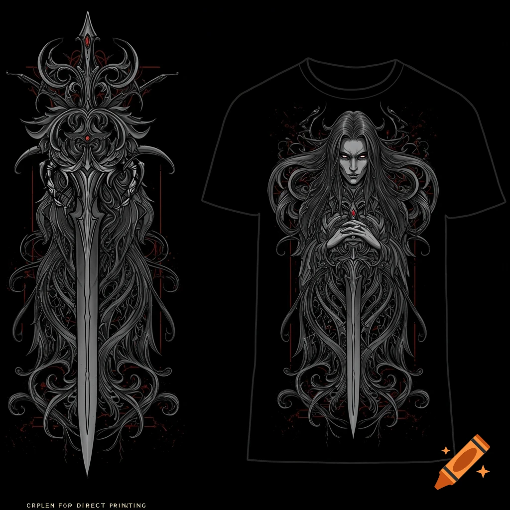 Gothic fantasy T-shirt illustration of a dark-haired woman holding a sword, amidst intricate grey scrollwork.
