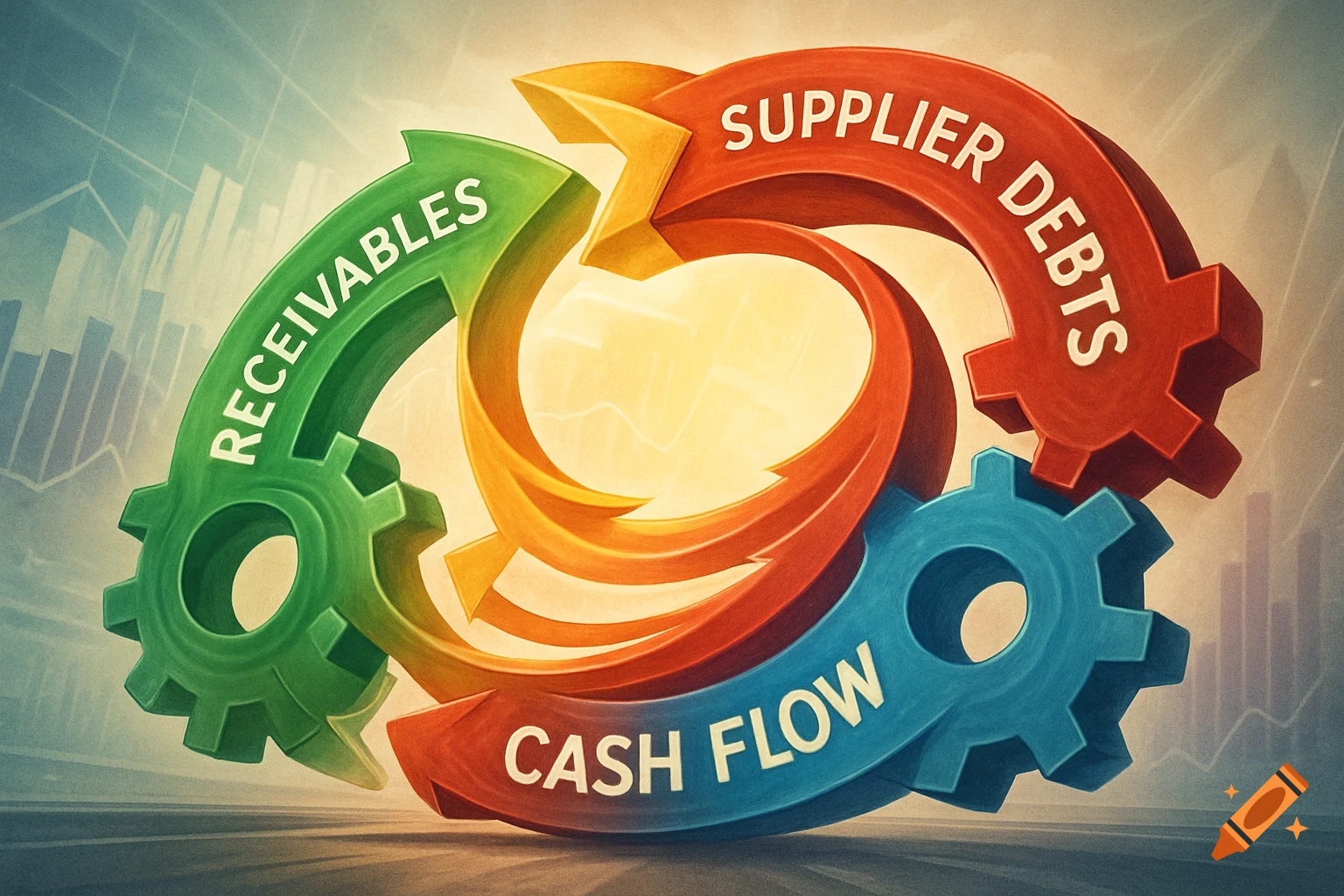 Colorful 3D business cycle diagram with gears and arrows for RECEIVABLES, SUPPLIER DEBTS, and CASH FLOW.