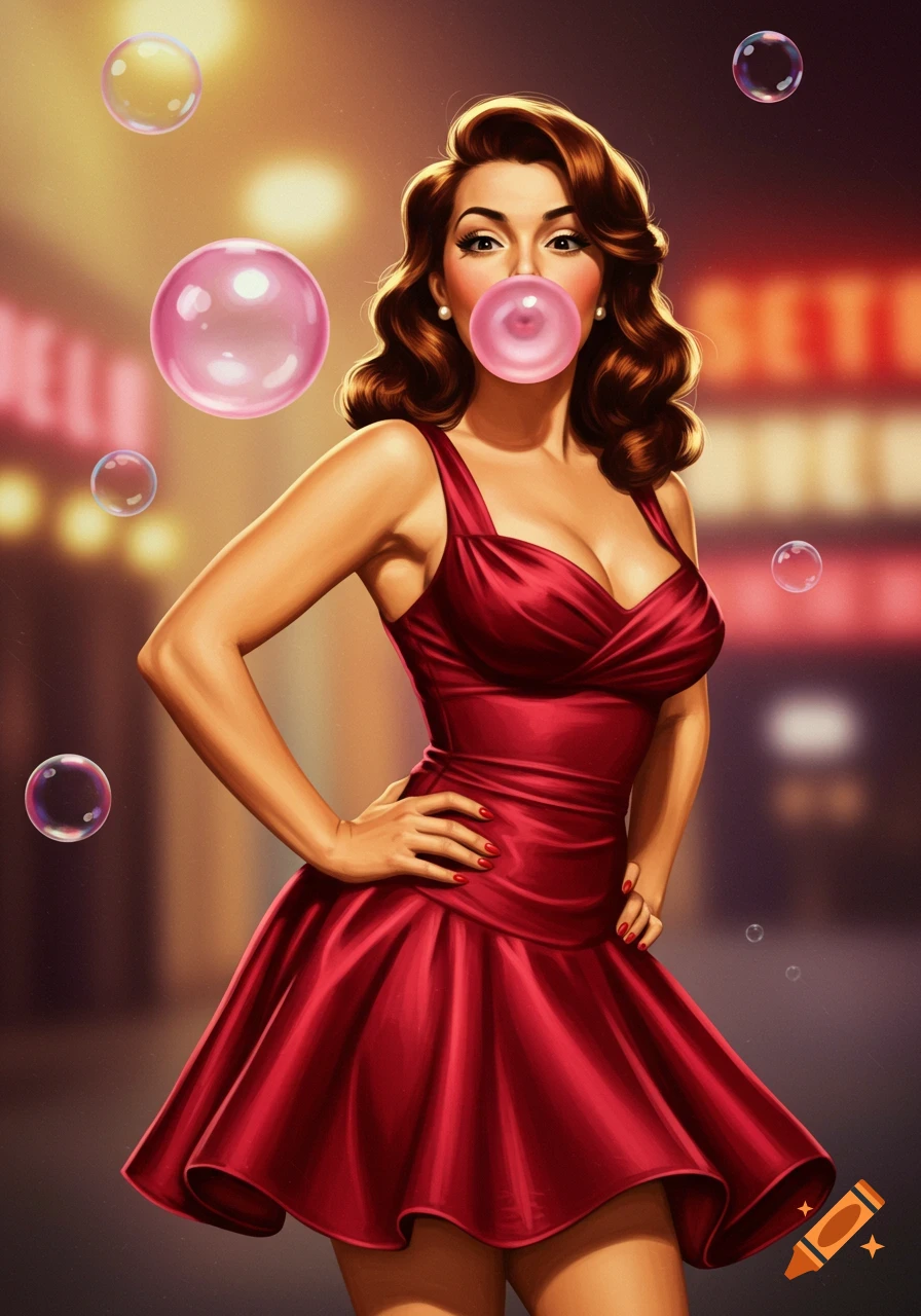 A pin-up woman in a red dress blows pink bubblegum, surrounded by bubbles, against a blurry background with neon signs.