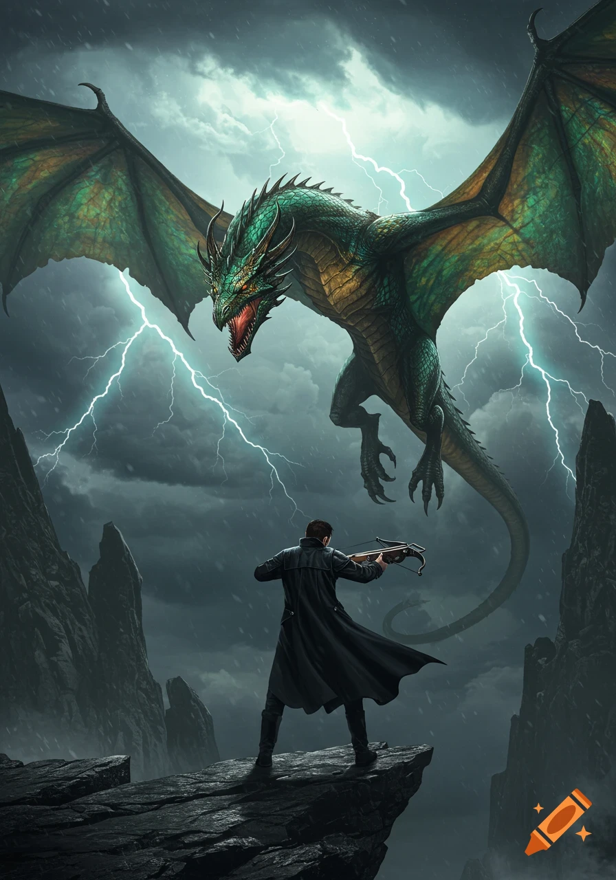 A man in a black coat aims a crossbow at a large green dragon flying through a stormy, lightning-filled sky above rocky peaks, in a fantasy art style.