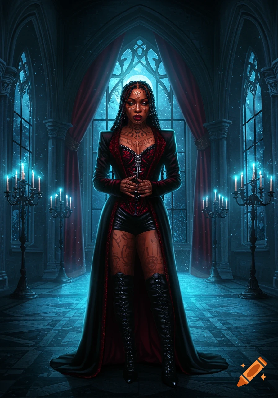 A face-tattooed woman in a dark gothic outfit poses in an ornate, dimly lit room with candelabras and arched windows.