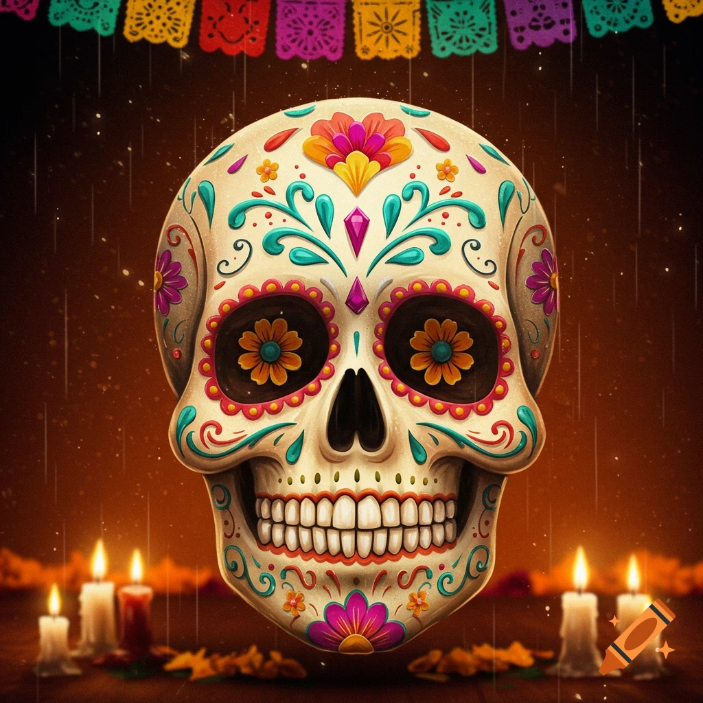 Vibrantly decorated sugar skull for Day of the Dead, with colorful flowers and patterns, flanked by lit candles and papel picado banners.