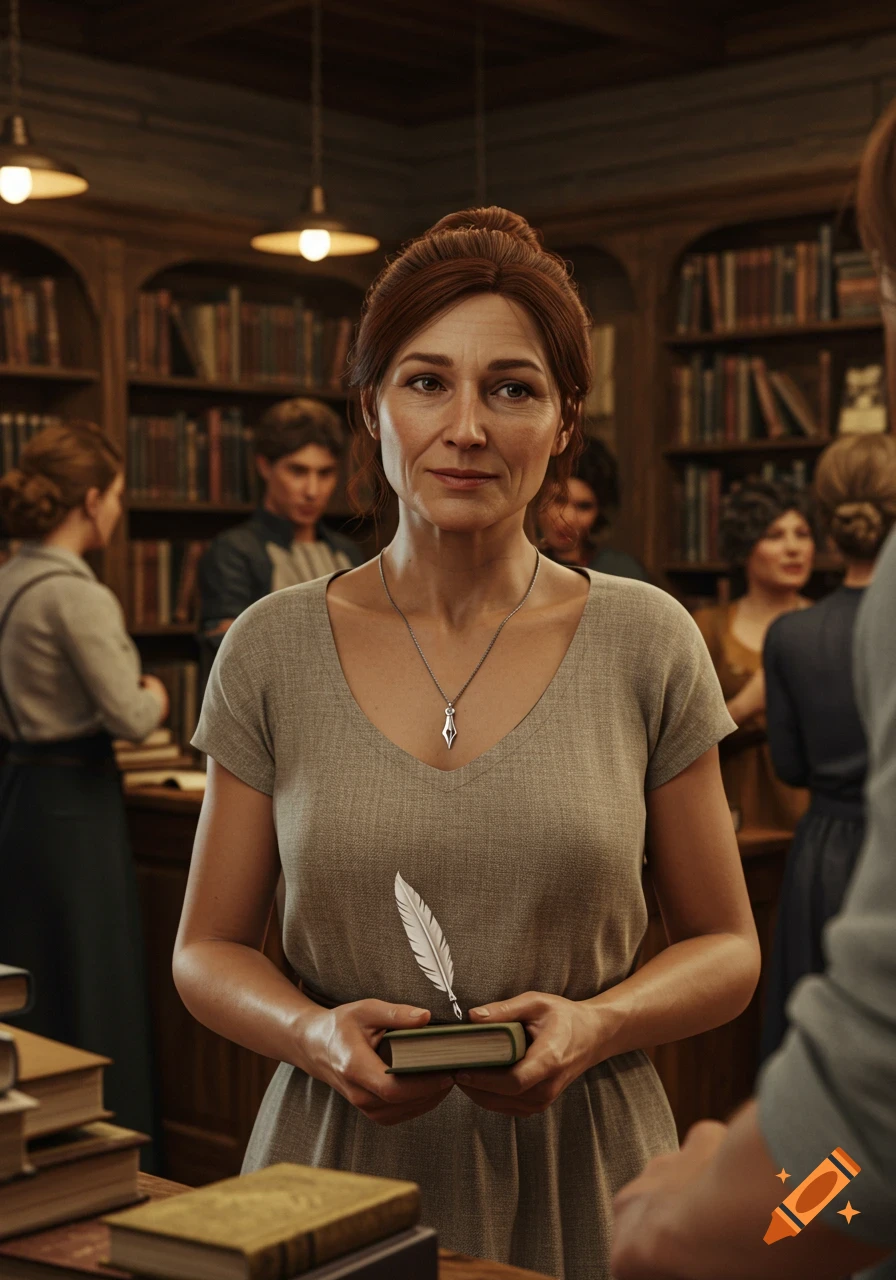 Photorealistic portrait of a middle-aged woman with auburn hair in a bun, wearing a simple dress and a quill pendant, holding a book in a bustling library.