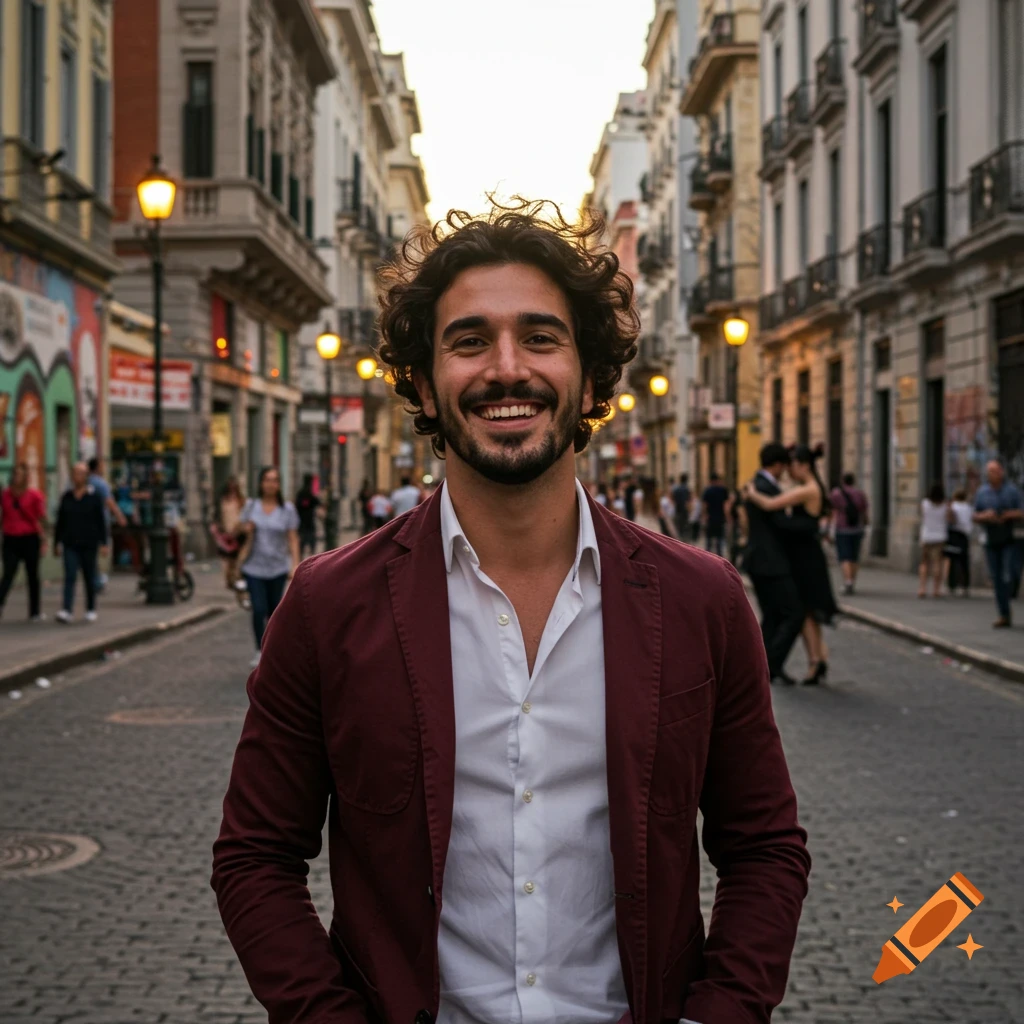 A smiling man with curly brown hair and a beard, wearing a maroon jacket and white shirt, stands on a cobblestone city street with buildings in the background.