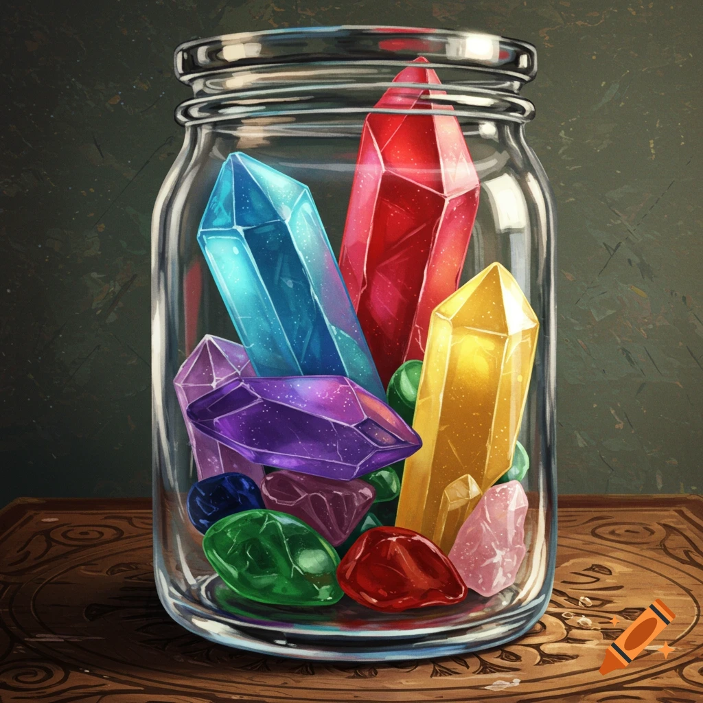 A clear glass jar filled with various colorful, faceted crystals and polished gemstones, sitting on a wooden surface.