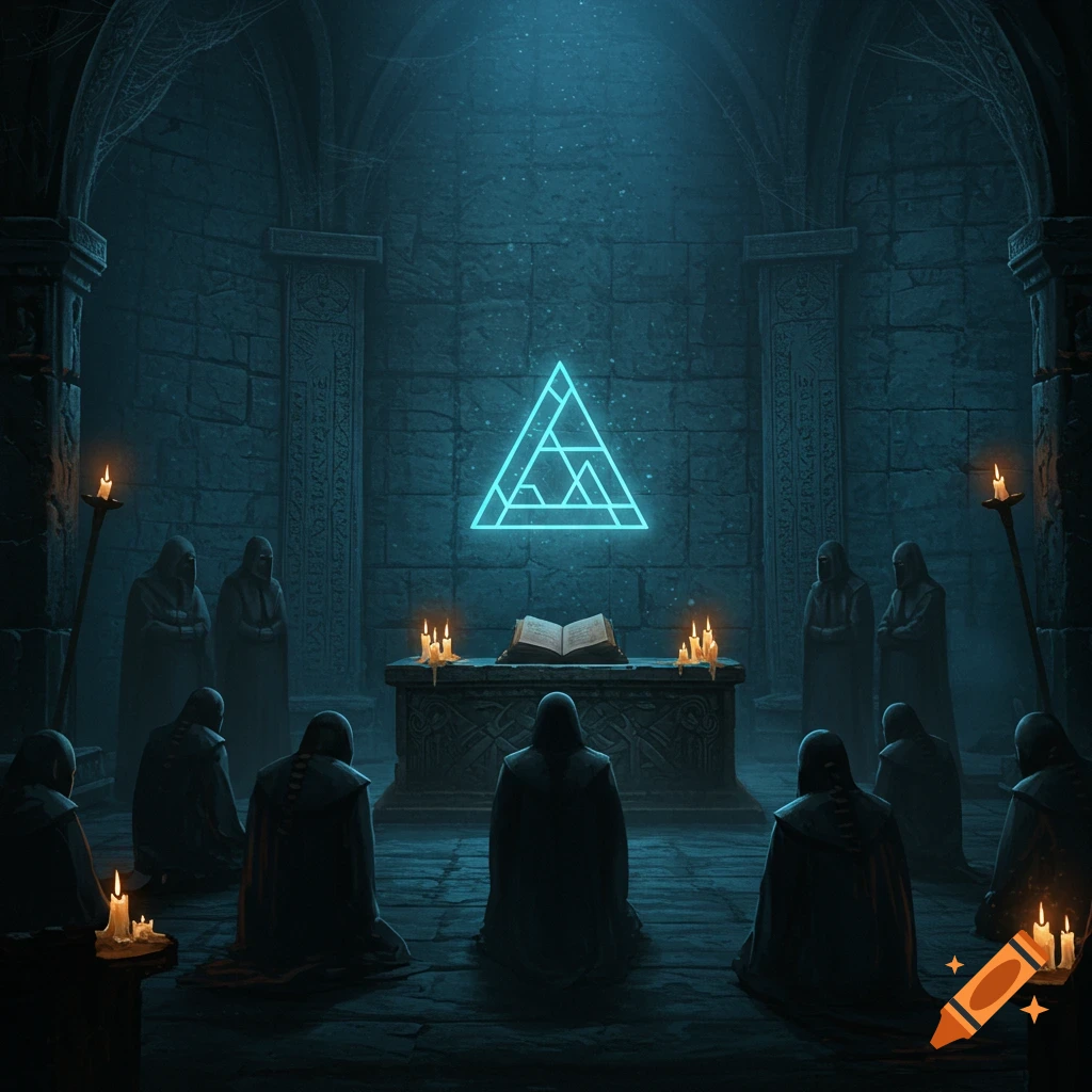 A dark cult in hooded robes worshiping a glowing blue triangular symbol on a stone wall in an ancient, candlelit chamber.