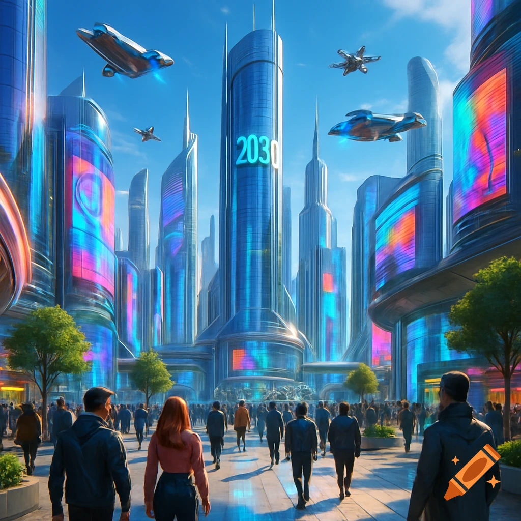 A vibrant, futuristic city with towering skyscrapers, holographic displays, flying vehicles, and people walking on illuminated streets.