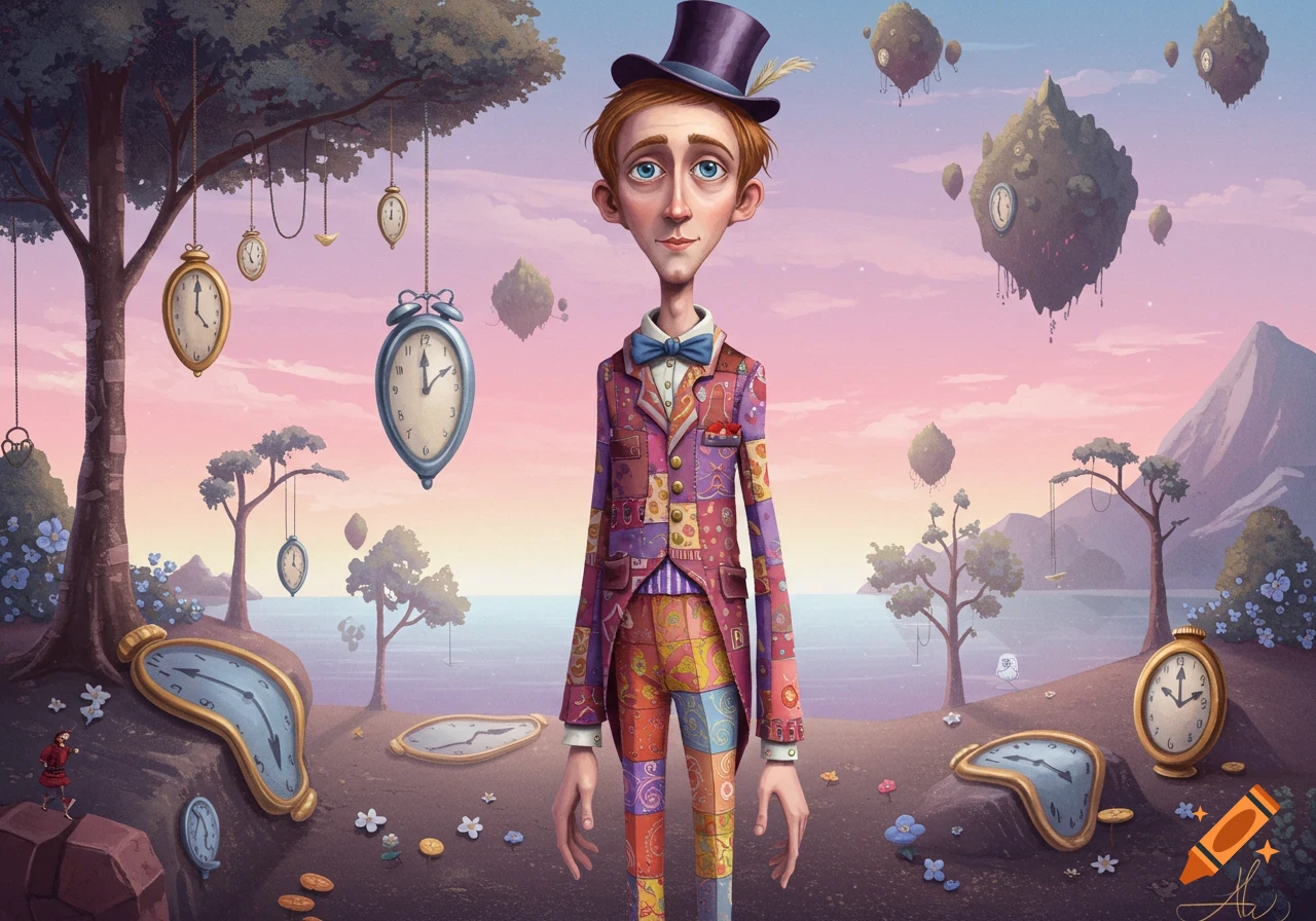 A tall, thin man in a colorful patchwork suit and top hat stands in a whimsical, surreal landscape with floating islands and melting clocks.
