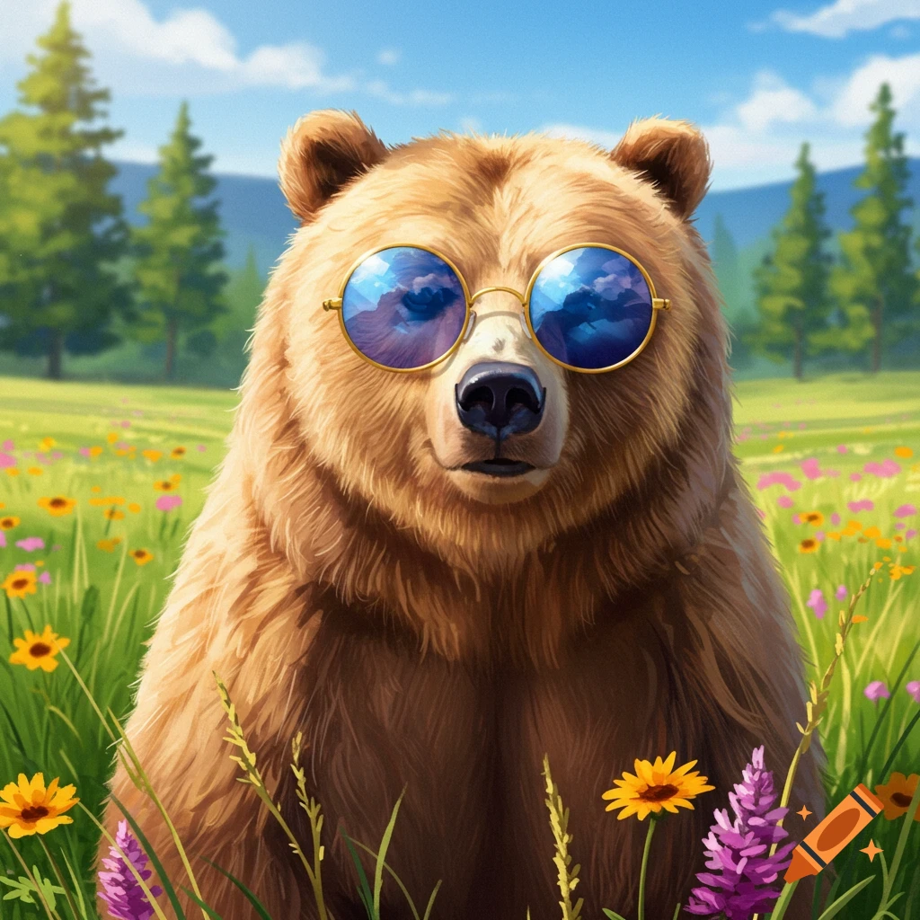 A brown bear wearing round blue sunglasses sits in a sunny wildflower meadow with trees in the background.