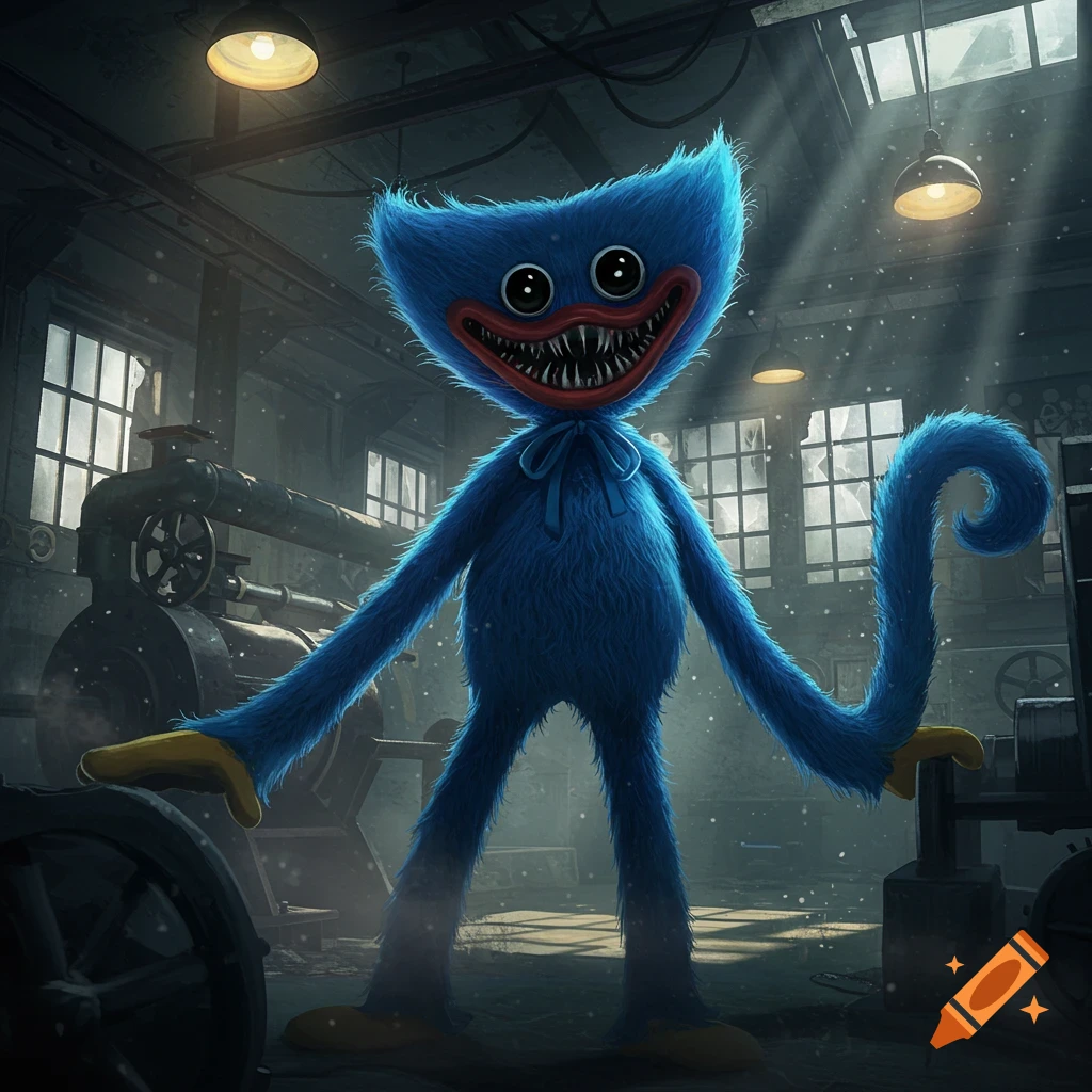 A tall, furry blue monster Huggy Wuggy with a wide, toothy smile and large eyes stands in a dimly lit, snowy abandoned factory.