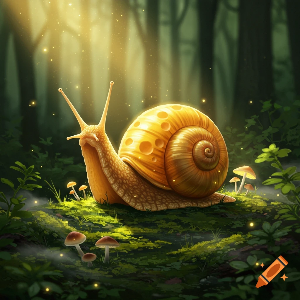 A luminous golden snail with a spotted shell crawls on a mossy forest floor among mushrooms and glowing light in a magical forest.