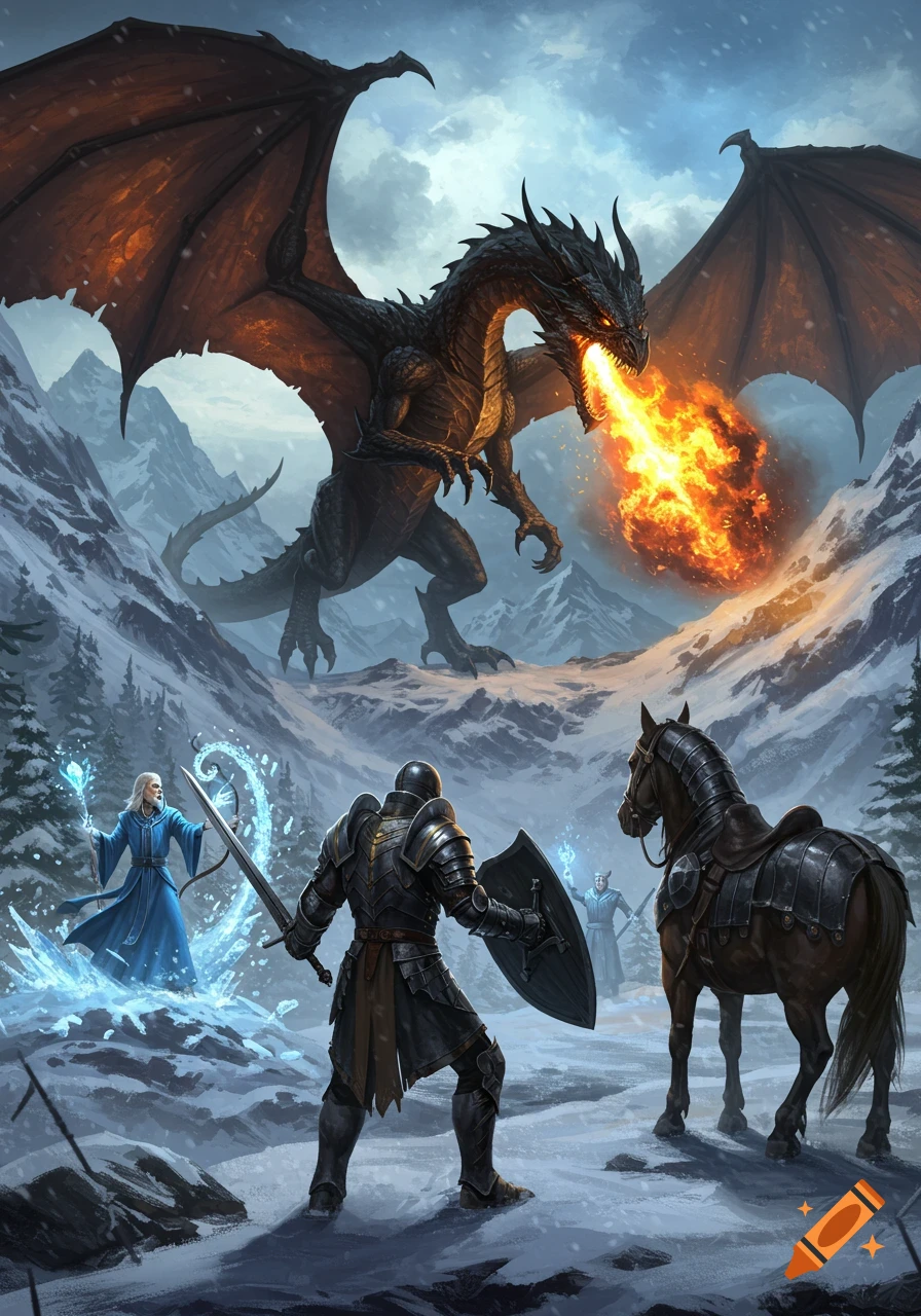 A black dragon breathes fire over a knight, wizard casting ice spells, and armored horse in snowy mountains. Detailed fantasy art.