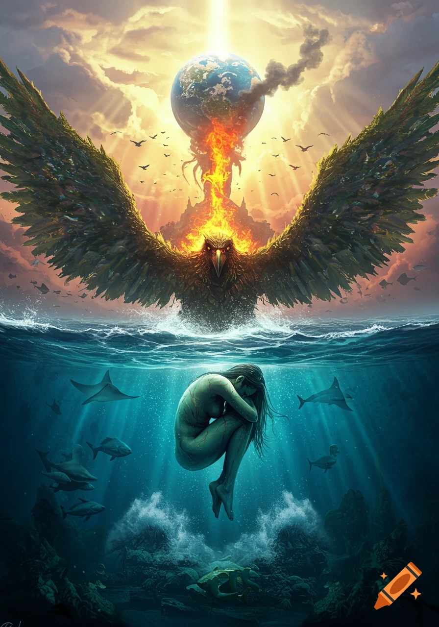 A nude woman floats curled underwater with fish and rays, while above, a giant bird with forest wings emerges from the sea, holding a burning Earth.