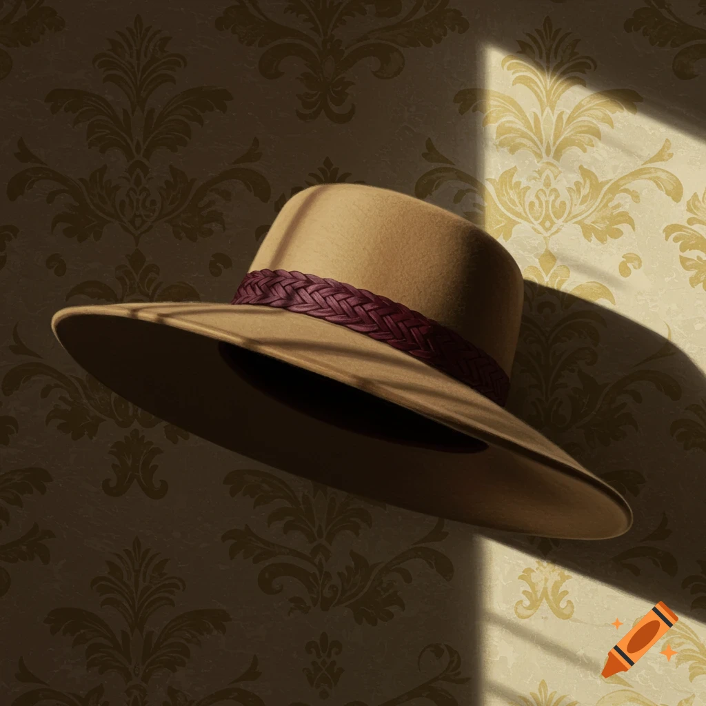 A light brown hat with a braided purple band hangs on a patterned wall, with sunlight casting shadows.