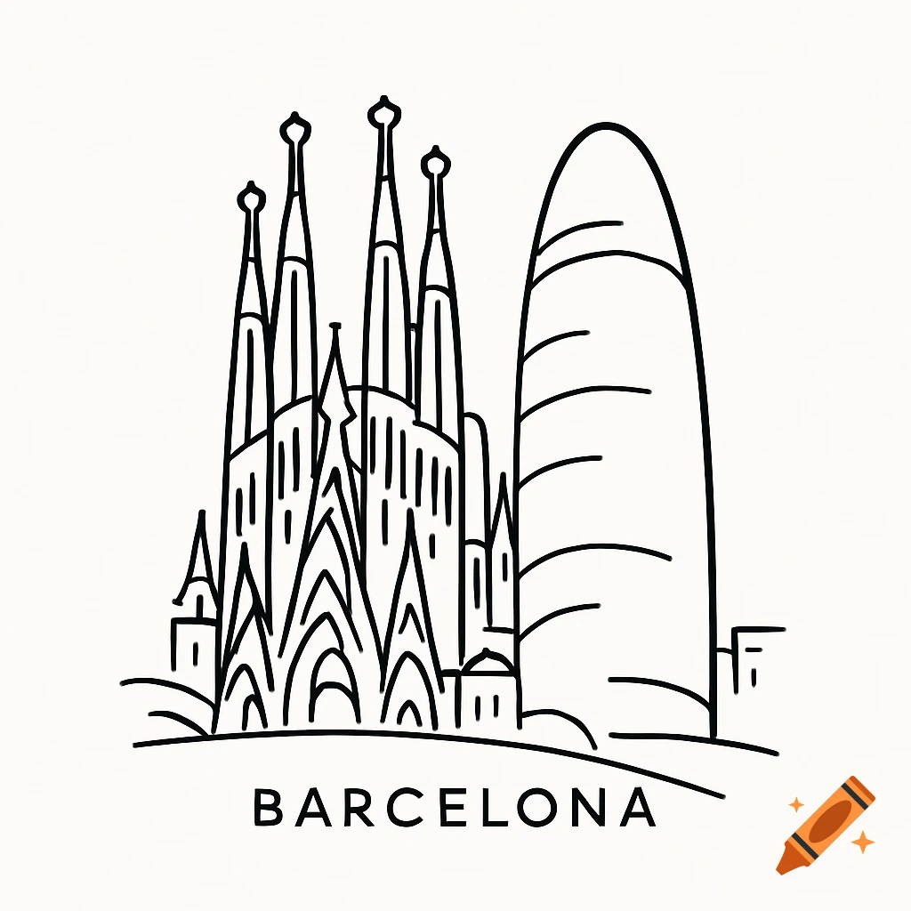 Minimalist line art illustration of Barcelona skyline with Sagrada Familia and Torre Agbar.