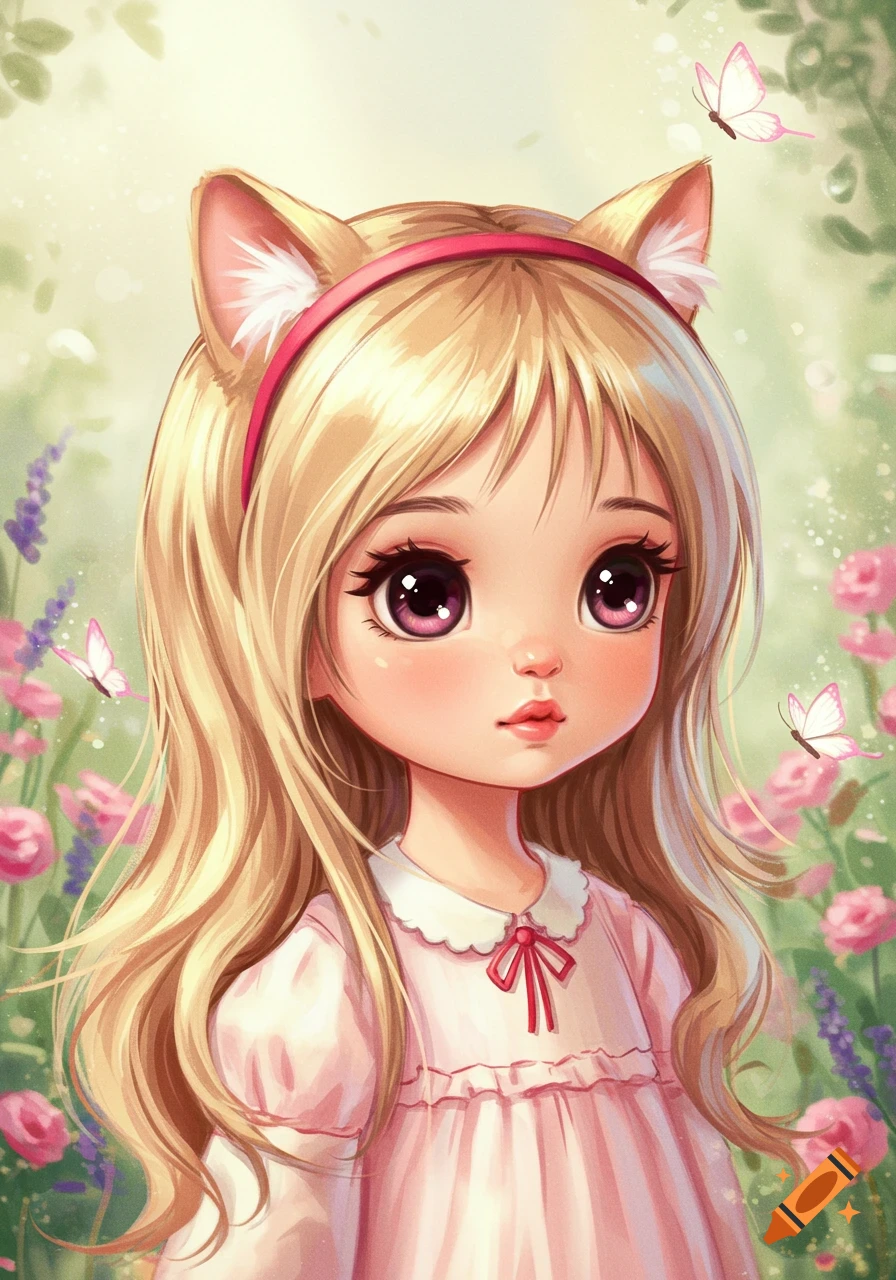 A cute blonde anime girl with big purple eyes and cat ears, wearing a pink dress, surrounded by flowers and butterflies.