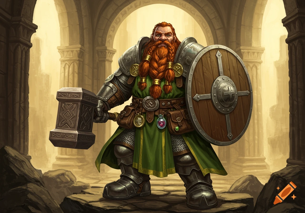 A heavily armored dwarf cleric with a braided red beard, wearing a green tunic and chainmail, stands holding a hammer and shield in a stone hall.
