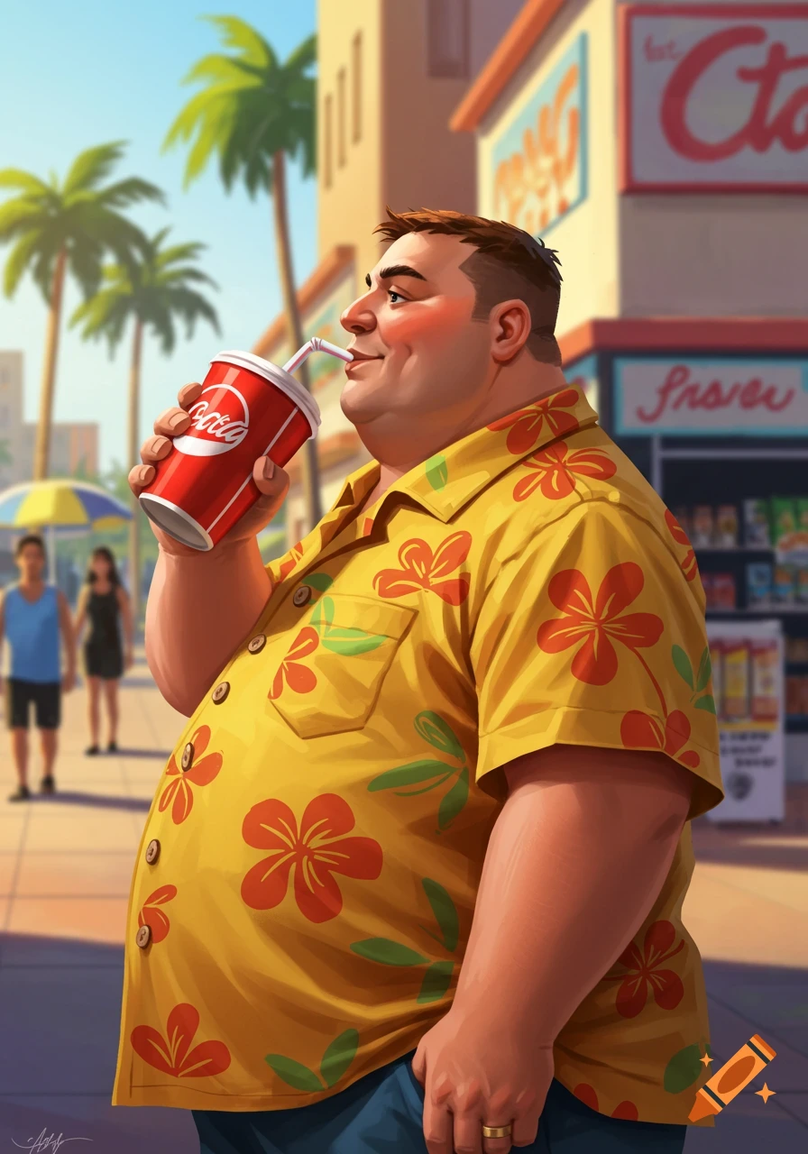 A portly man in a yellow floral Hawaiian shirt sips a soda from a red cup on a sunny tropical street with palm trees and buildings.