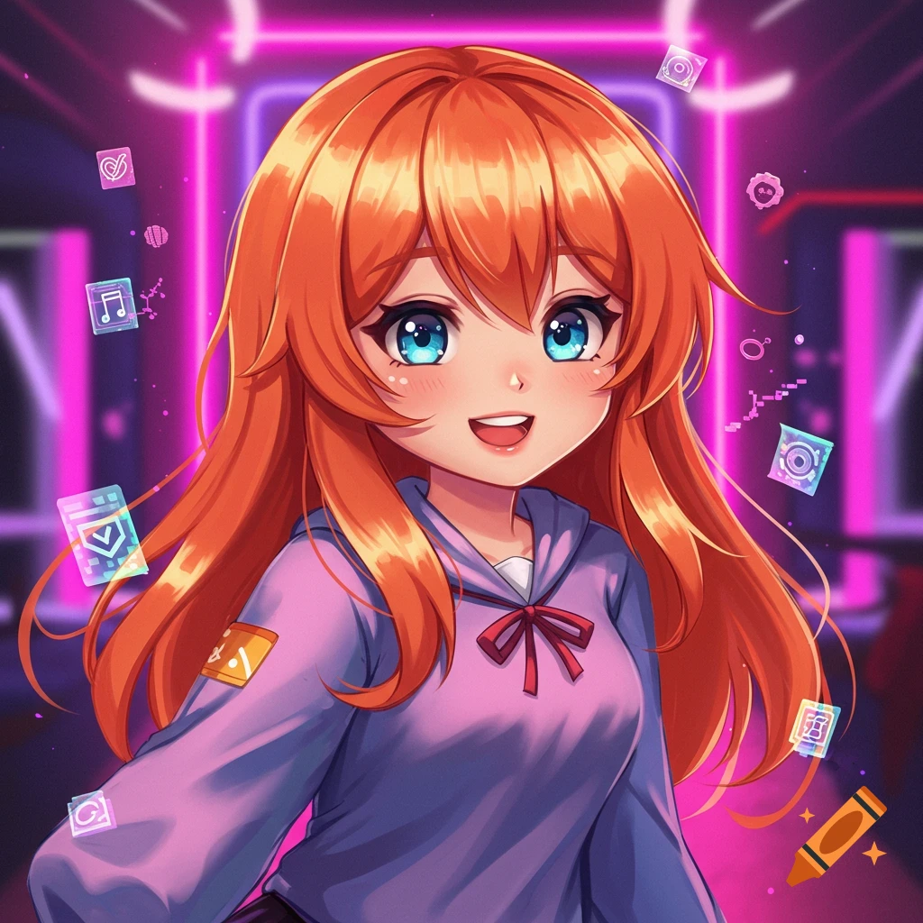 Smiling anime girl with orange hair and blue eyes in a purple hoodie, against a neon pink digital background with floating icons.