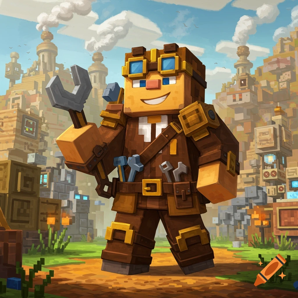 A Minecraft-style character, a steampunk engineer with goggles and a wrench, stands in a blocky, industrial landscape.