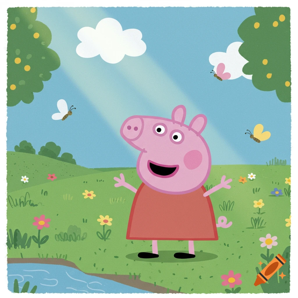 Peppa Pig stands happily in a sunny green field with flowers, butterflies, and a stream, in a bright cartoon style.