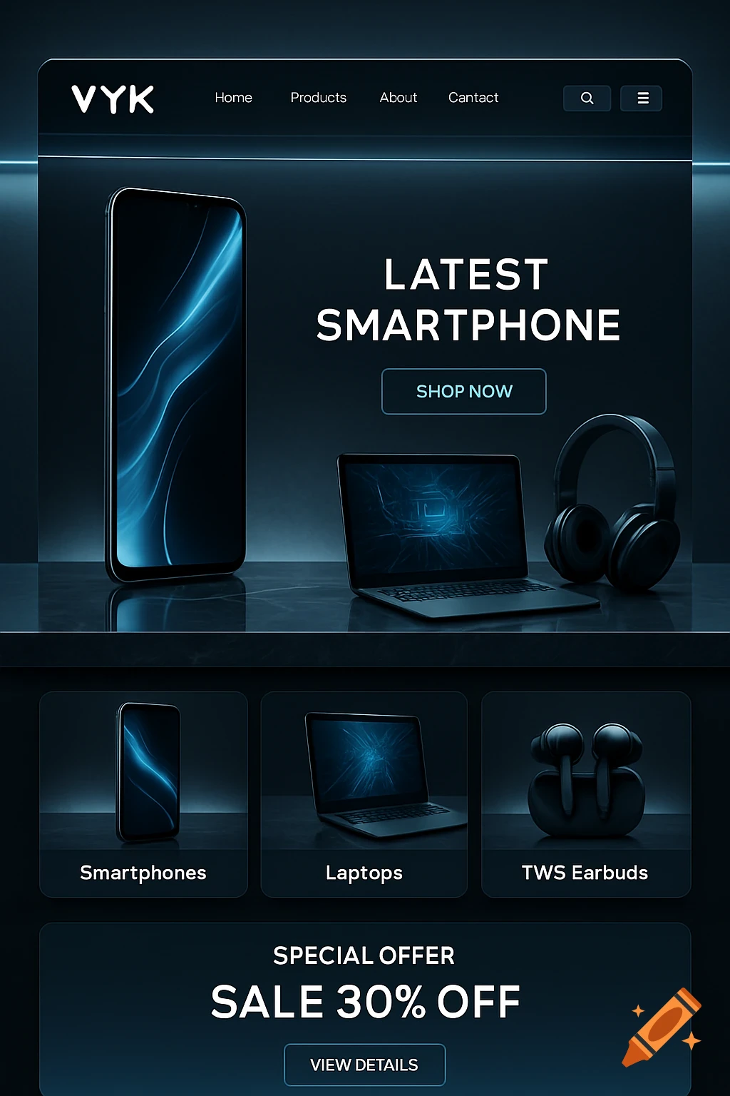 Sleek e-commerce website mockup for VYK electronics, displaying smartphones, laptops, and TWS earbuds with a sale banner.