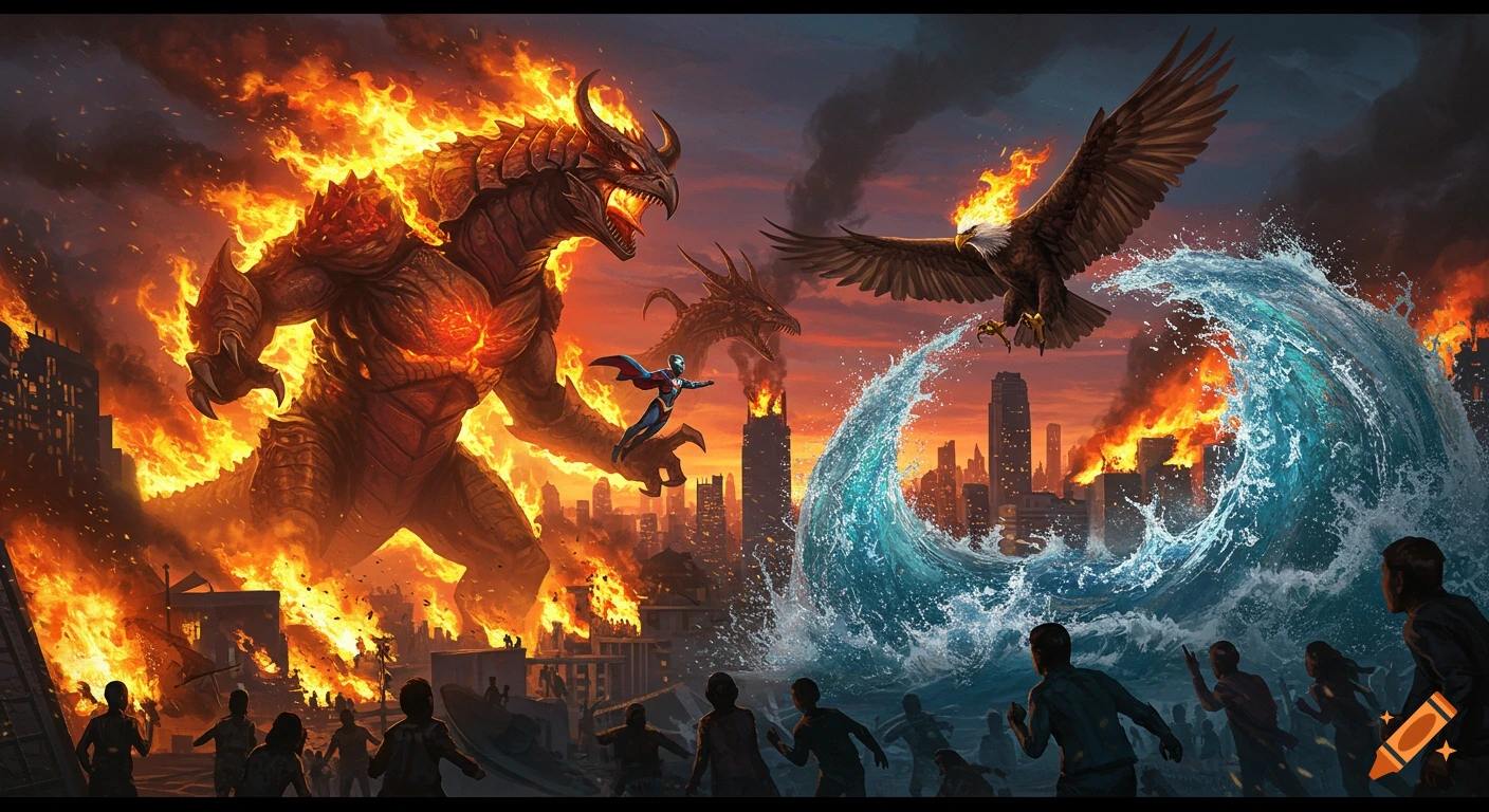 A giant fire monster and dragon attack a city while a superhero and a water-powered eagle fight them, as people flee.