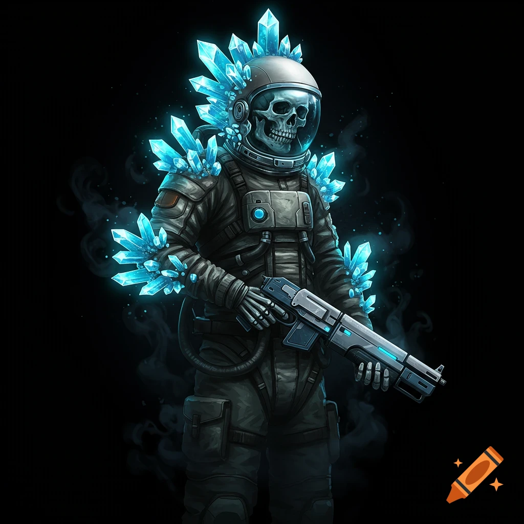 An illustration of a skeleton astronaut with blue glowing crystals emerging from its suit, holding a sci-fi gun against a black background.