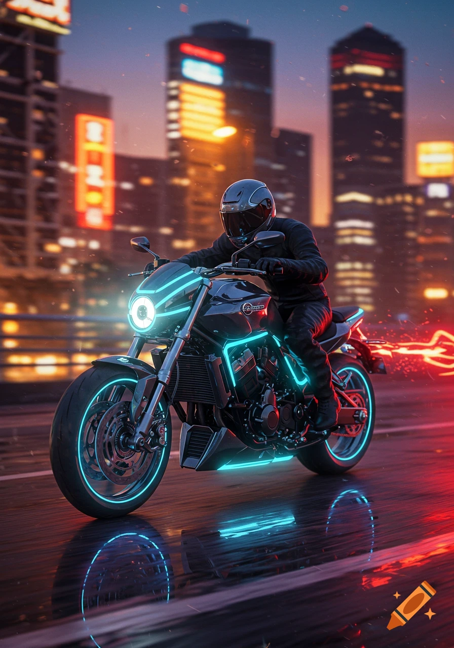 A rider on a futuristic black motorcycle with glowing blue neon lights drives through a vibrant, neon-lit cyberpunk city at night.