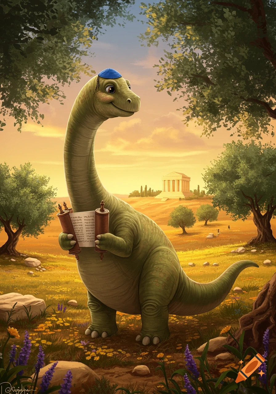 A friendly green brachiosaurus-like dinosaur wearing a blue kippah holds two Torah scrolls in a sunlit field with olive trees and an ancient temple in the background, in a whimsical art style.