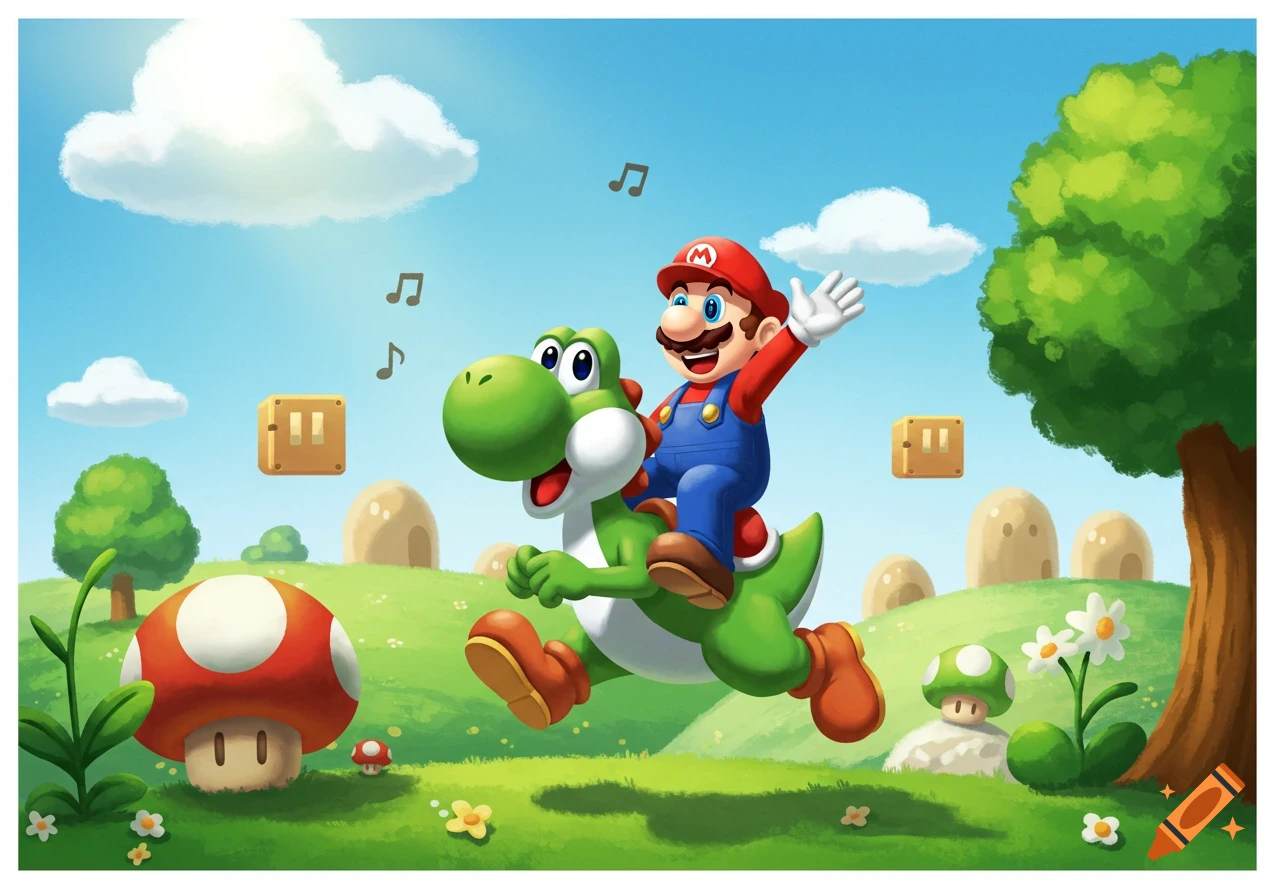Vibrant cartoon illustration of Mario riding Yoshi through a sunny green landscape with clouds, mushrooms, and floating blocks.
