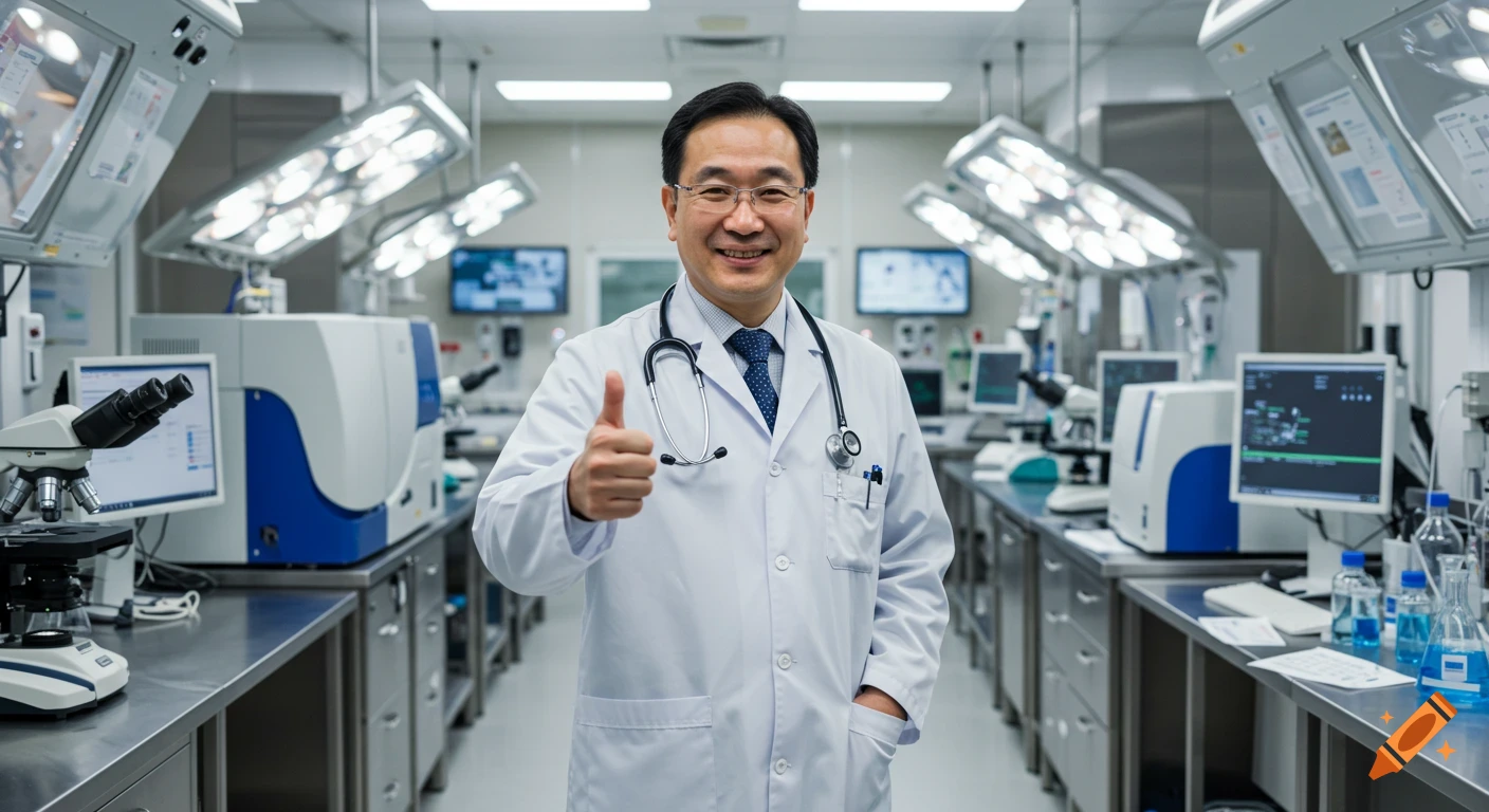 A smiling male doctor in a white lab coat gives a thumbs up in a modern, well-lit science laboratory filled with equipment.