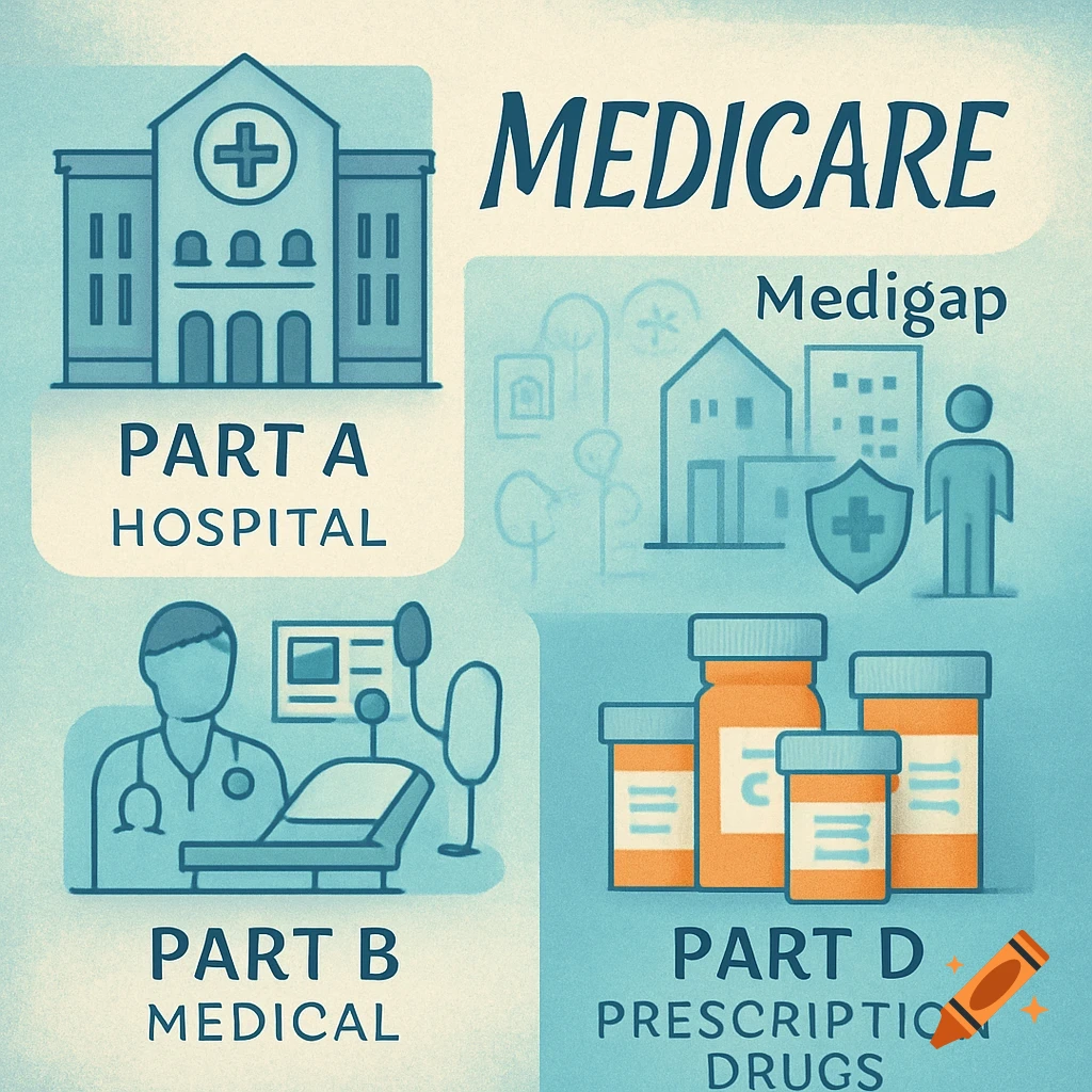 An infographic illustrating Medicare's parts: Part A for hospital, Part B for medical, and Part D for prescription drugs, with a section for Medigap. Stylized illustrations include a hospital, doctor, and pill bottles.