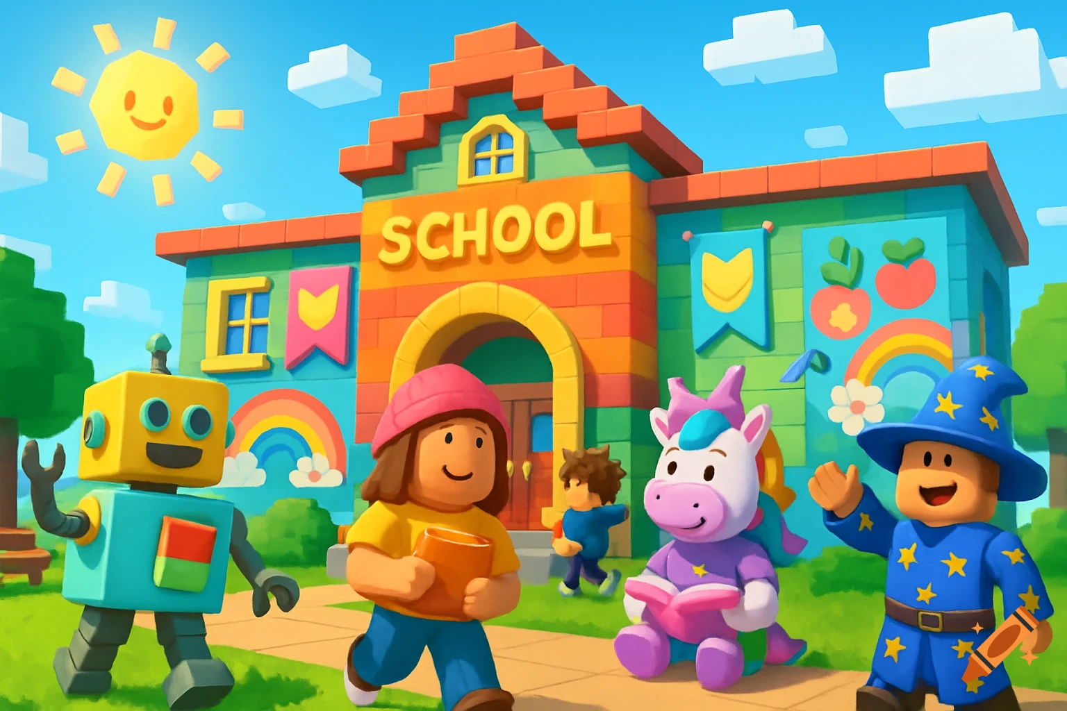 Colorful, blocky characters including a robot and a unicorn walk towards a school building with 'SCHOOL' written on it, under a smiling sun.