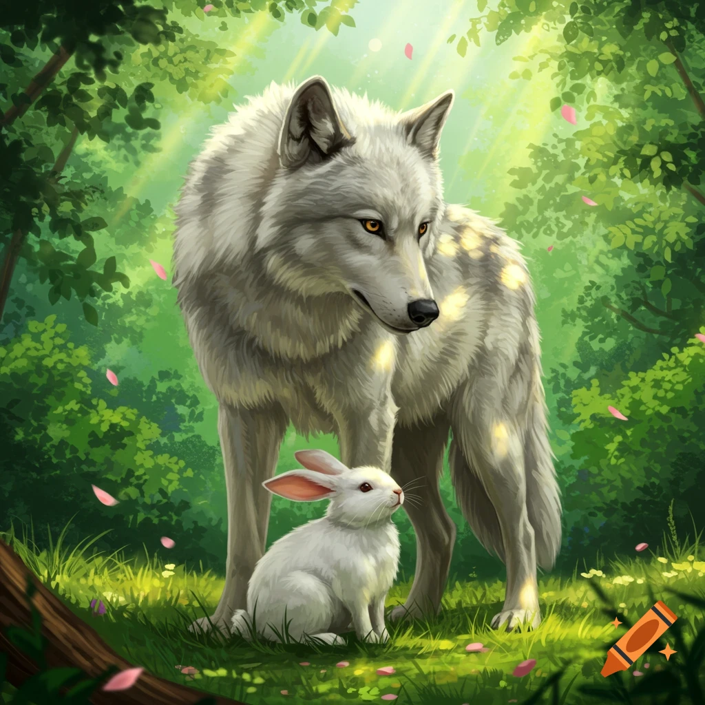 A large white wolf stands protectively over a small white bunny in a vibrant green forest with sunlight and falling pink petals.