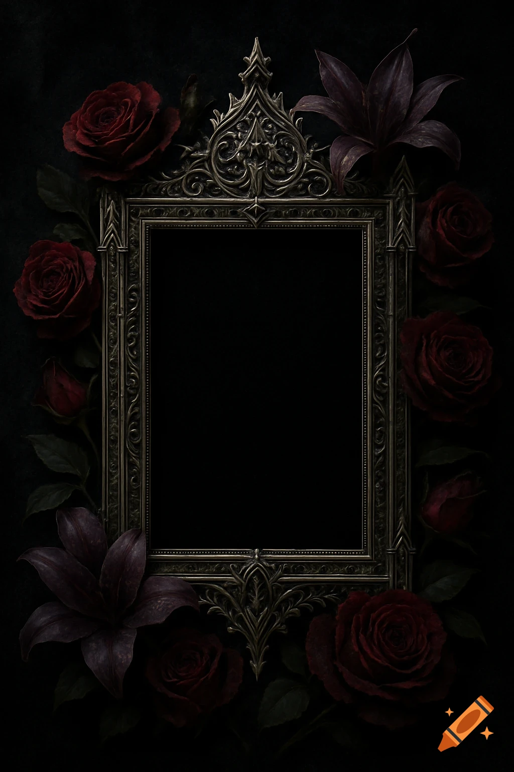 An ornate gothic photo frame surrounded by deep red roses and dark purple lilies on a black background.