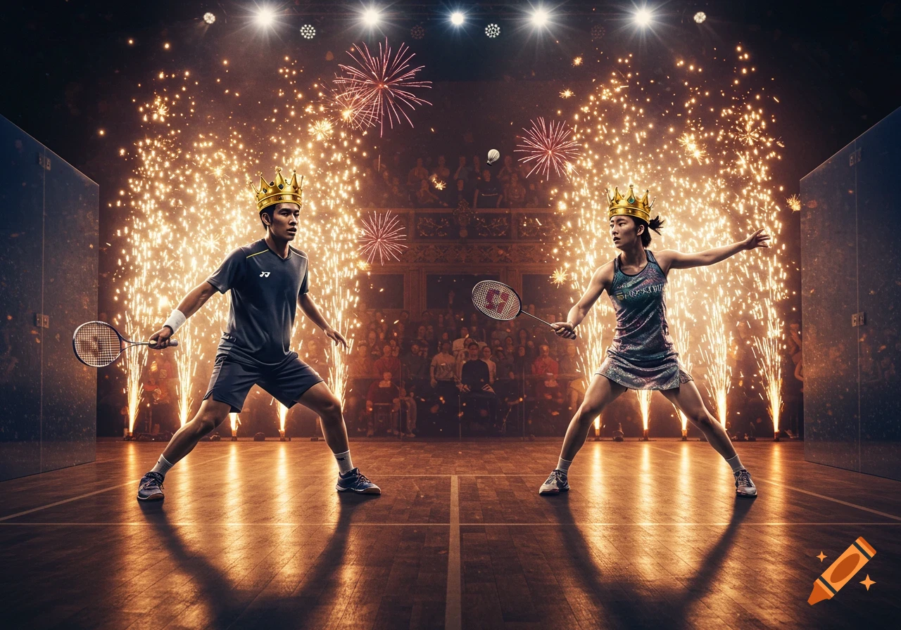 Two crowned players, a male with a squash racket and a female with a badminton racket, on a court with fireworks exploding. Photorealistic.