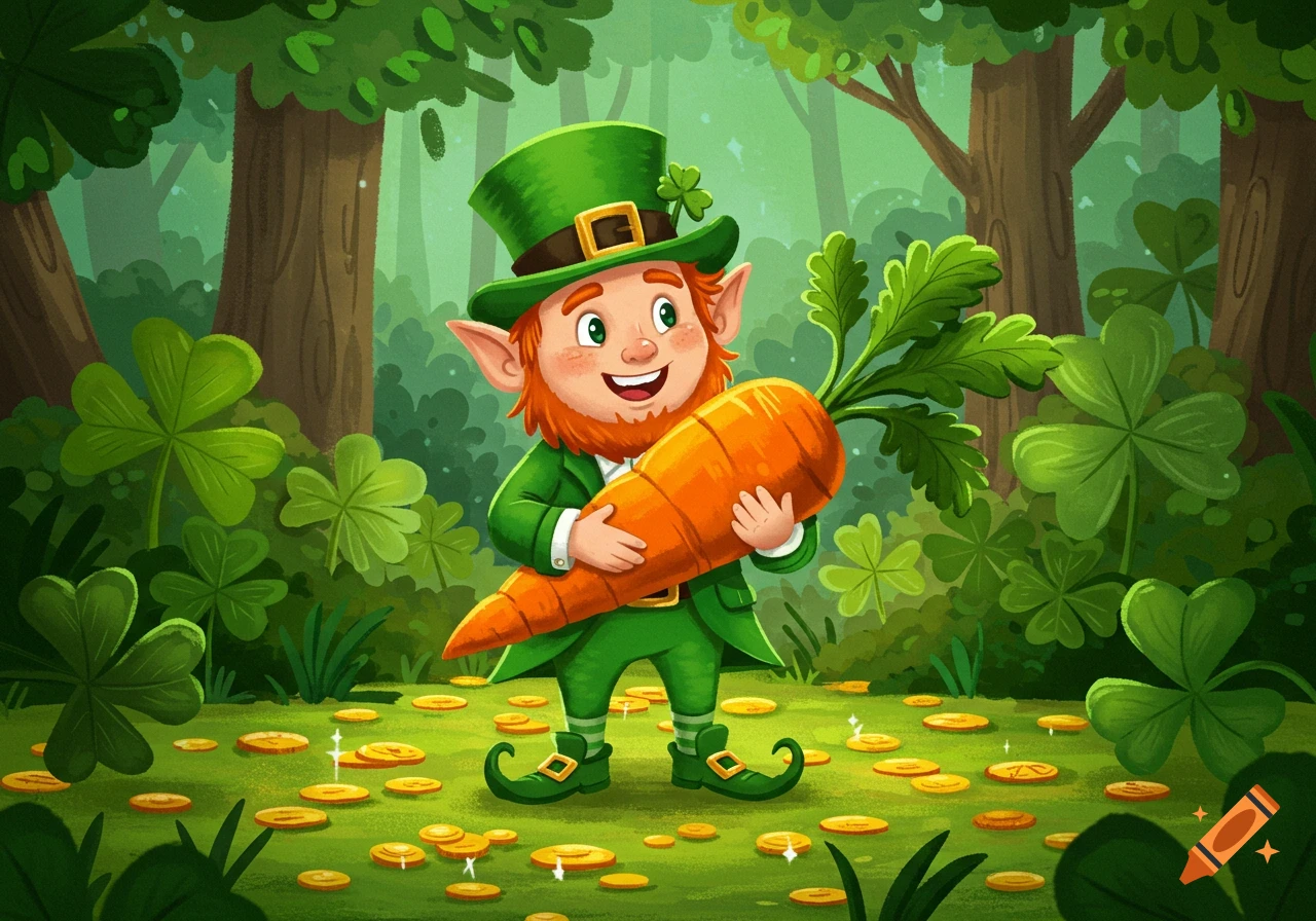 A smiling, red-bearded cartoon leprechaun in a green suit and hat holds a giant carrot like a treasure in a whimsical forest with shamrocks and gold coins.