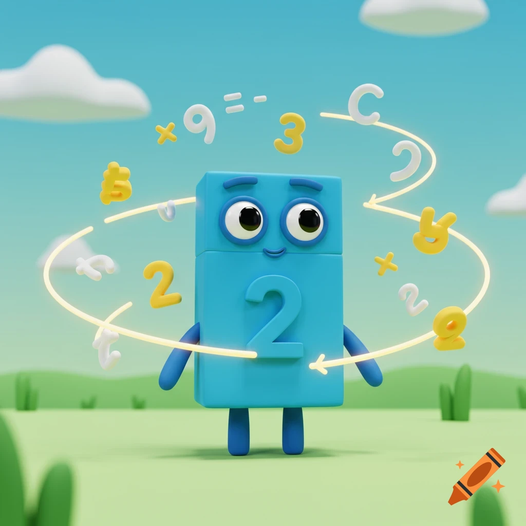 A blue Numberblocks character with the number 2 on its body, surrounded by floating numbers and math symbols in a 3D cartoon style.