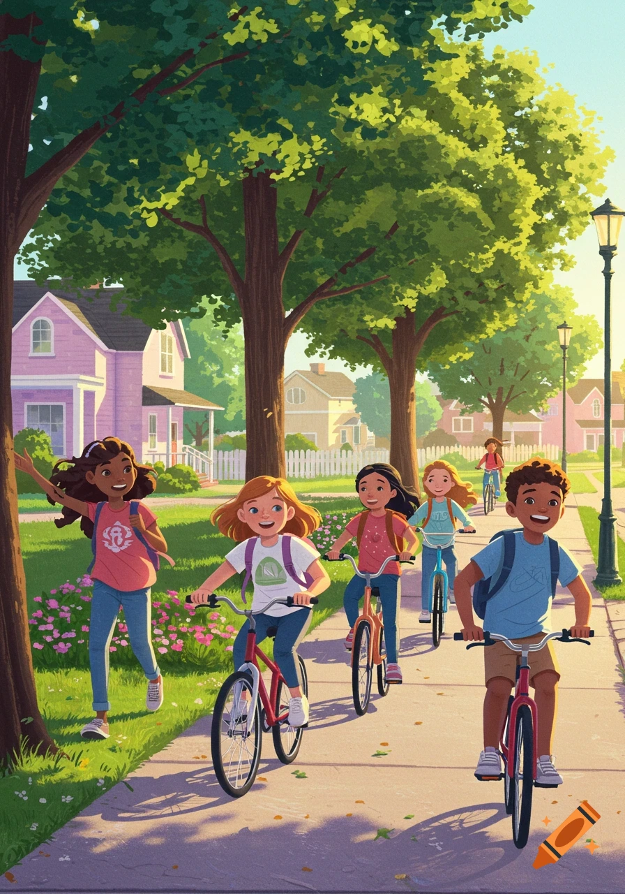 Illustration of diverse middle school kids walking and biking down a sunlit suburban street with houses and trees.