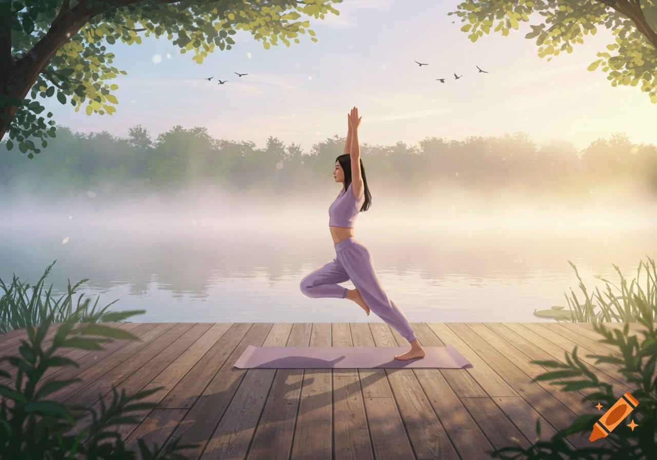 An illustration of an Asian woman in a yoga pose on a deck by a misty lake at sunrise.