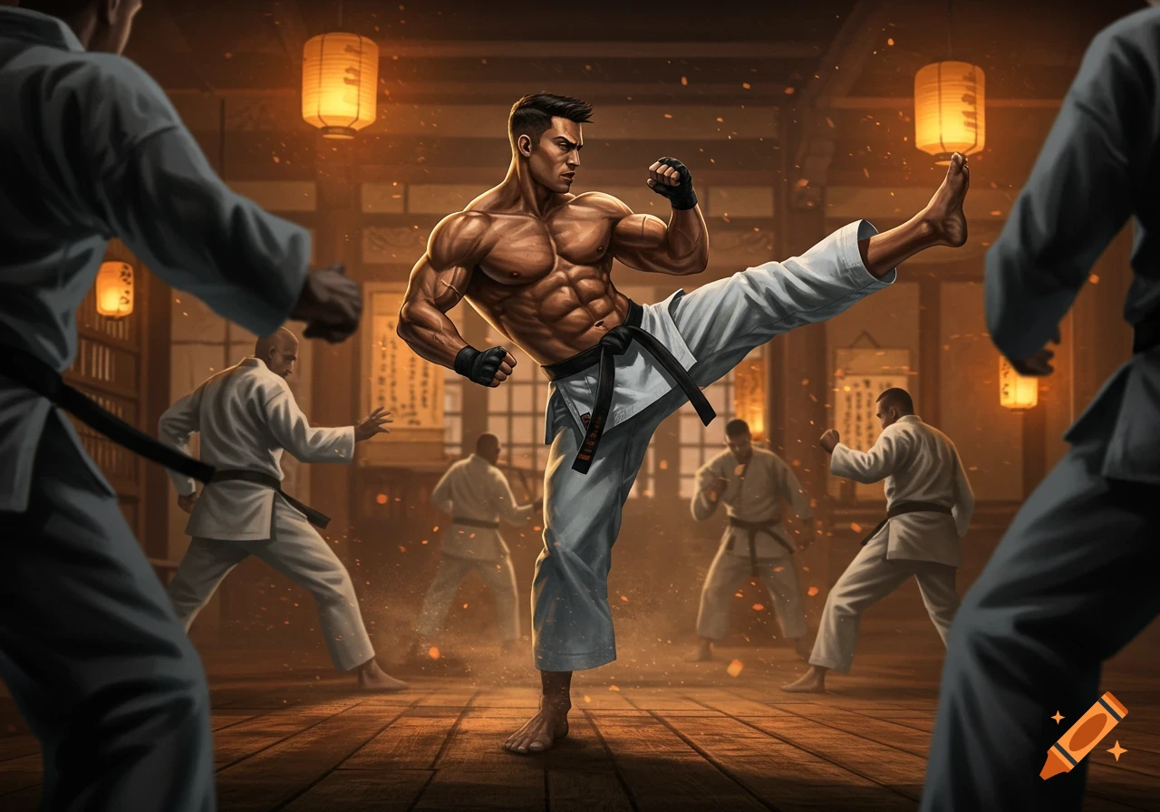 A muscular man in a karate gi performing a high kick, surrounded by other martial artists in a dramatic, warmly lit dojo.