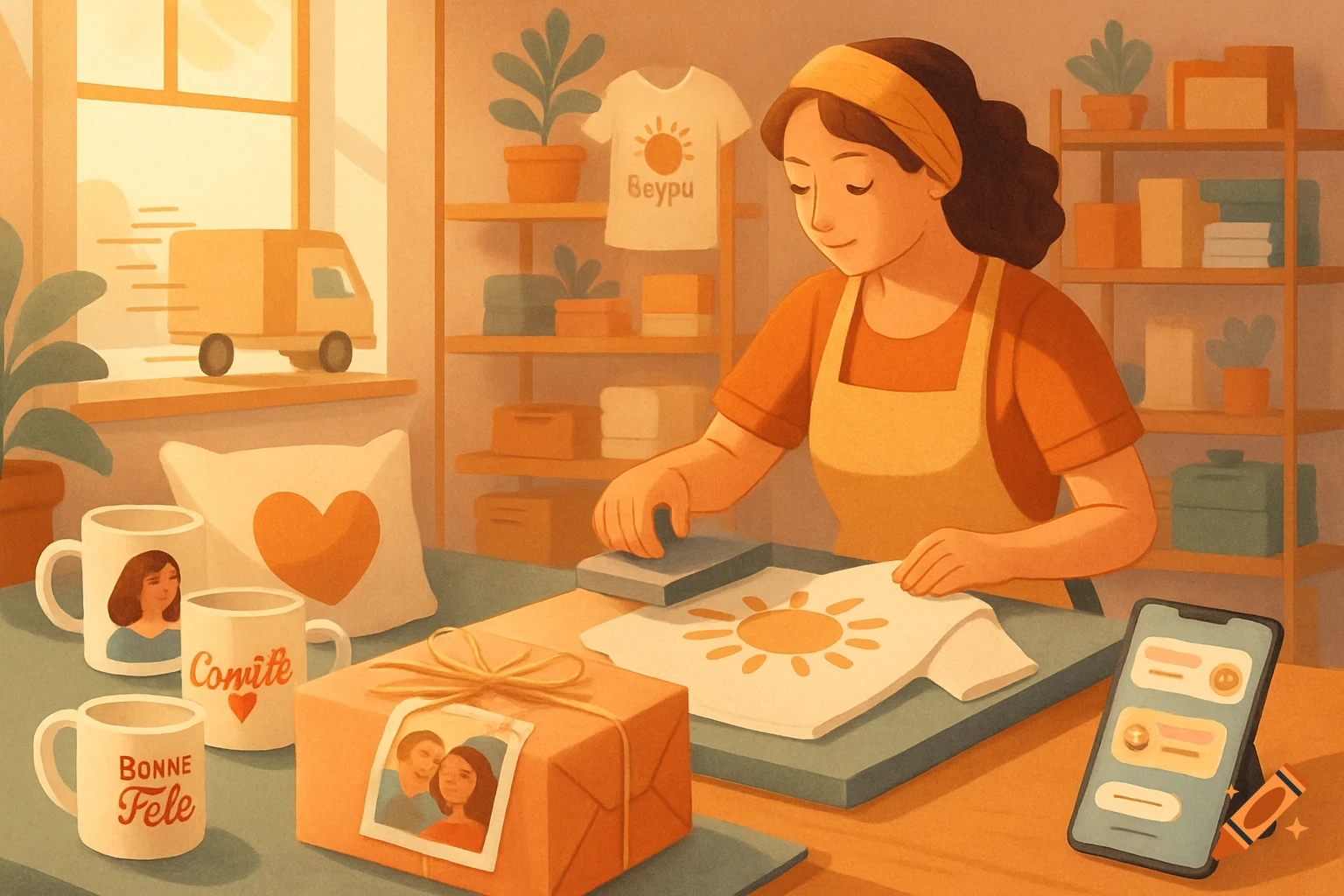An illustration of a woman in an apron printing a sun design on a t-shirt in her cozy workshop, surrounded by personalized mugs, pillows, and a gift box, with a delivery truck outside the window.