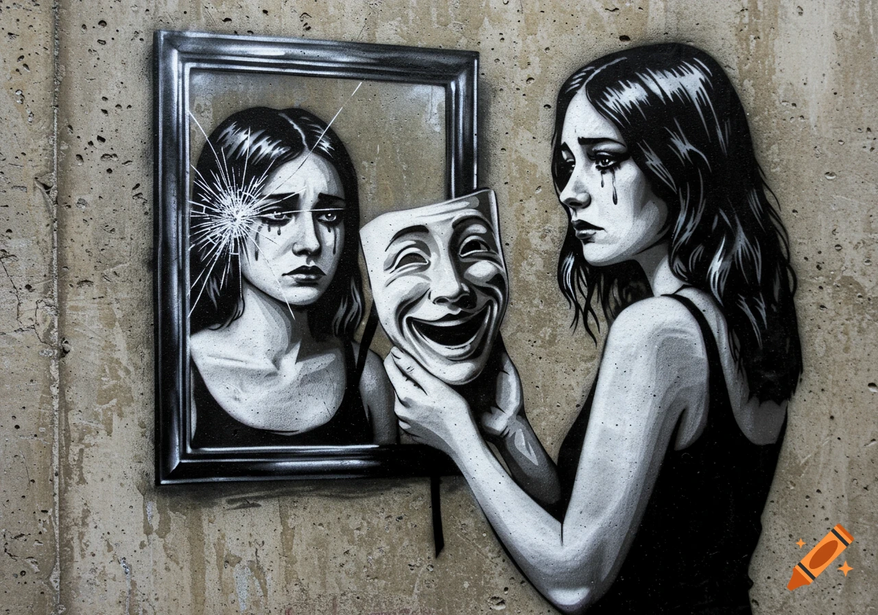 Stencil graffiti art of a crying woman holding a smiling theater mask in front of a broken mirror on a concrete wall.