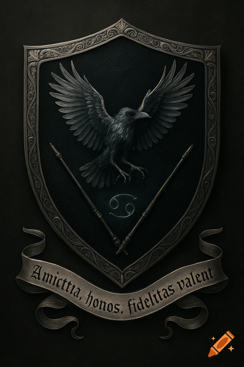 A dark silver heraldic shield features a raven with spread wings, crossed wands, and a glowing Cancer zodiac symbol, all above a banner with Latin text.