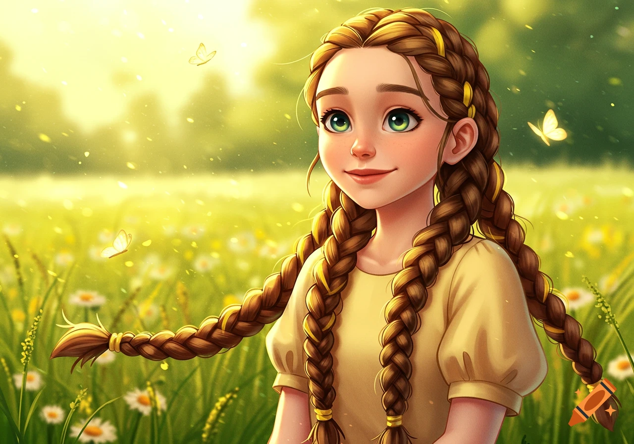 Stylized illustration of a smiling girl with long braided brown hair and green eyes in a sunny field with flowers and butterflies.