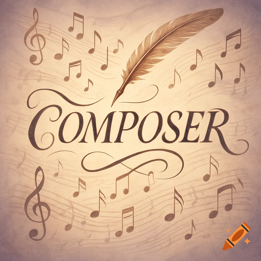 The word "COMPOSER" in elegant script with a feather quill pen above it, surrounded by musical notes on a textured beige background.